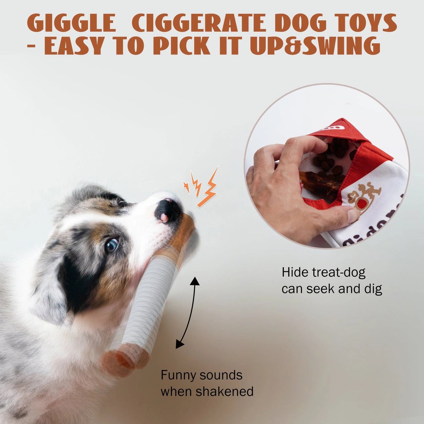 A dog holds a Nocciola Durable Giggle Toy by Nocciola, made with reinforced Oxford fabric for lasting fun. It makes funny sounds when shaken and features a treat pocket for puppies and small to medium dogs to seek and dig out.