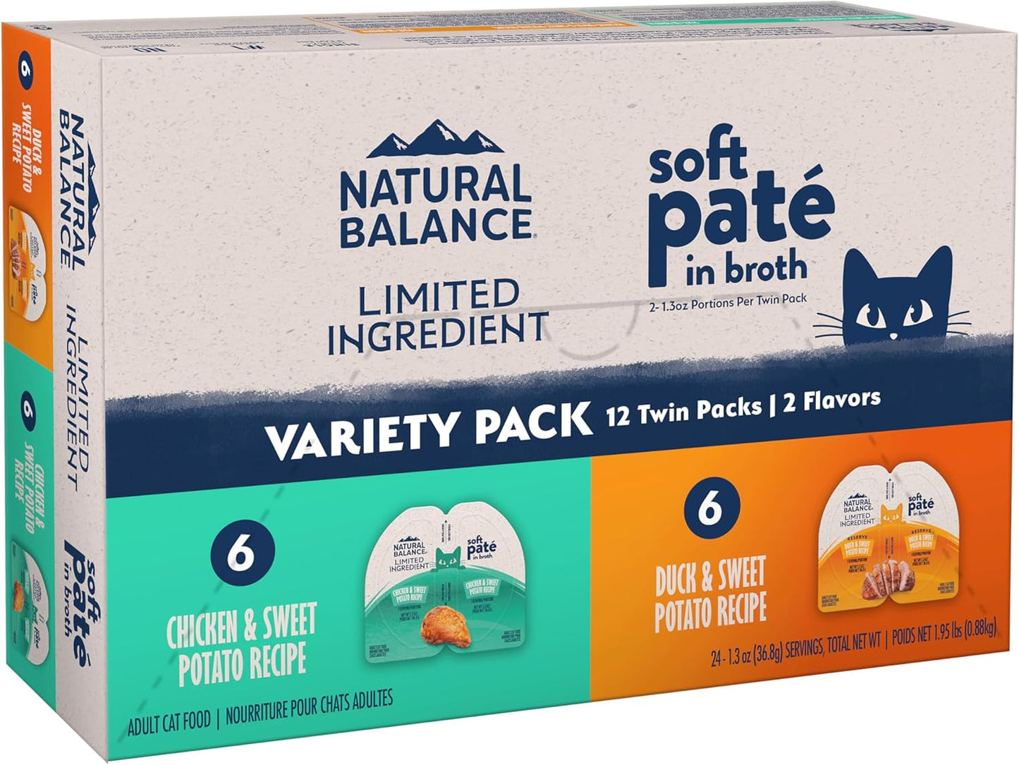 Front view of a Natural Balance Limited Ingredient Soft Pate in Broth Wet Cat Food box, featuring 10 packs for adult cats. The grain-free cat food is from the Natural Balance brand and comes in 2.6 oz servings.