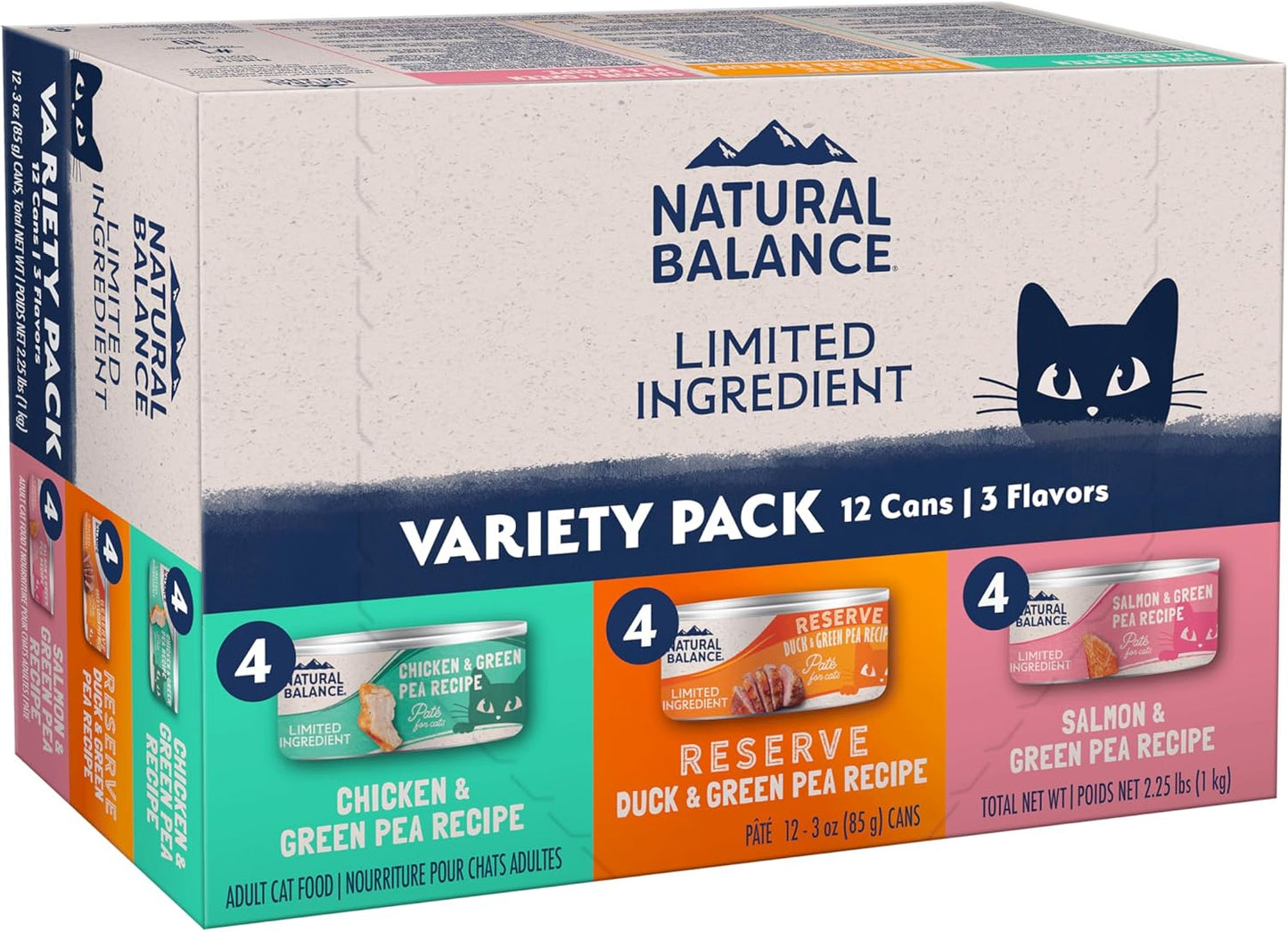A 12-can variety pack of Natural Balance Pet Foods Limited Ingredient Pate Canned Cat Food includes Chicken & Green Pea, Duck & Green Pea, and Salmon & Green Pea flavors. Packaging shows a cat face graphic and product info.