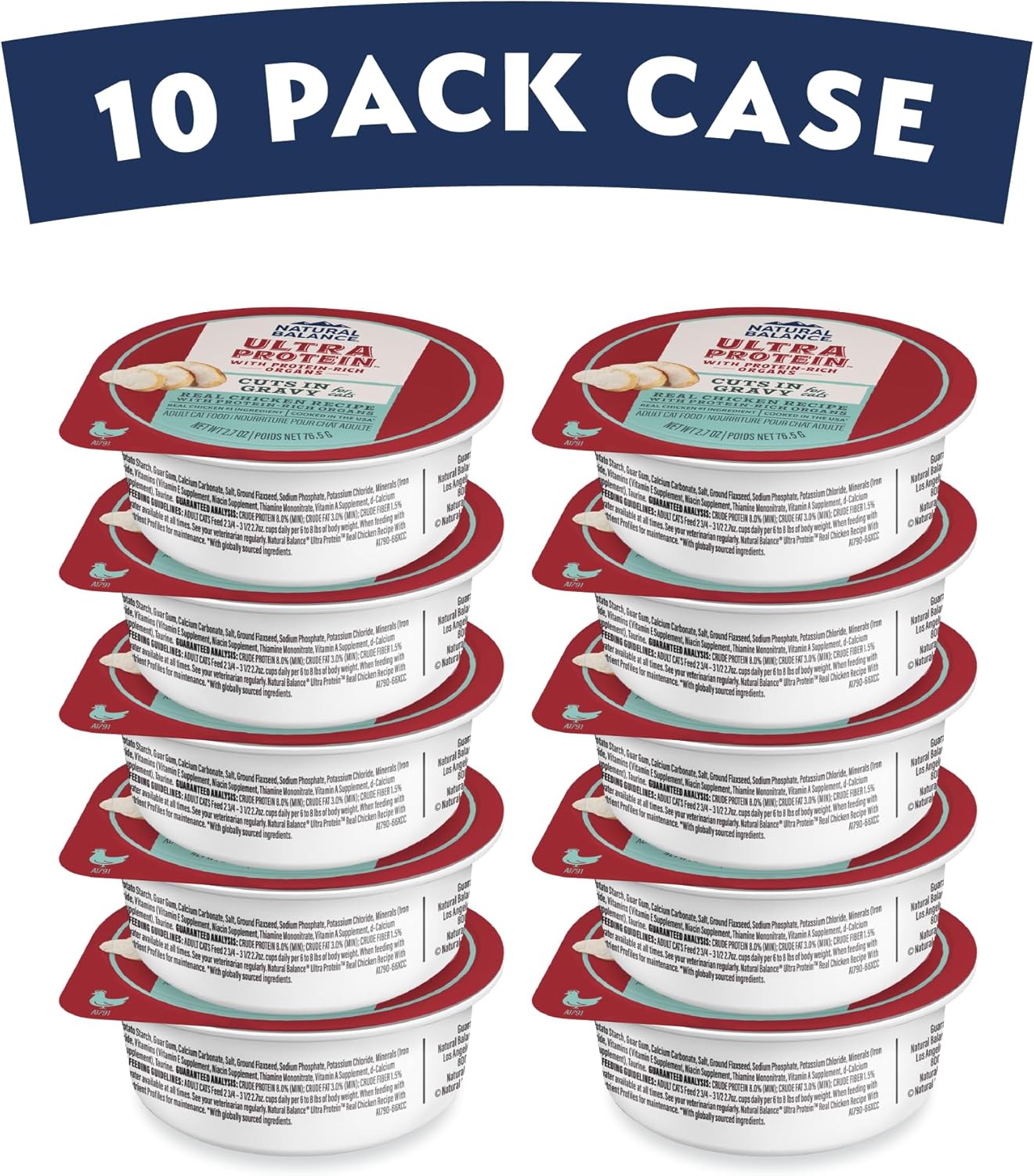 Ten single-serve cups of Natural Balance Pet Foods Ultra Protein Cuts in Gravy Wet Cat Food are stacked in two columns, beneath a bold white 10 PACK CASE banner on blue, resembling a protein-packed display. Brand: Natural Balance.