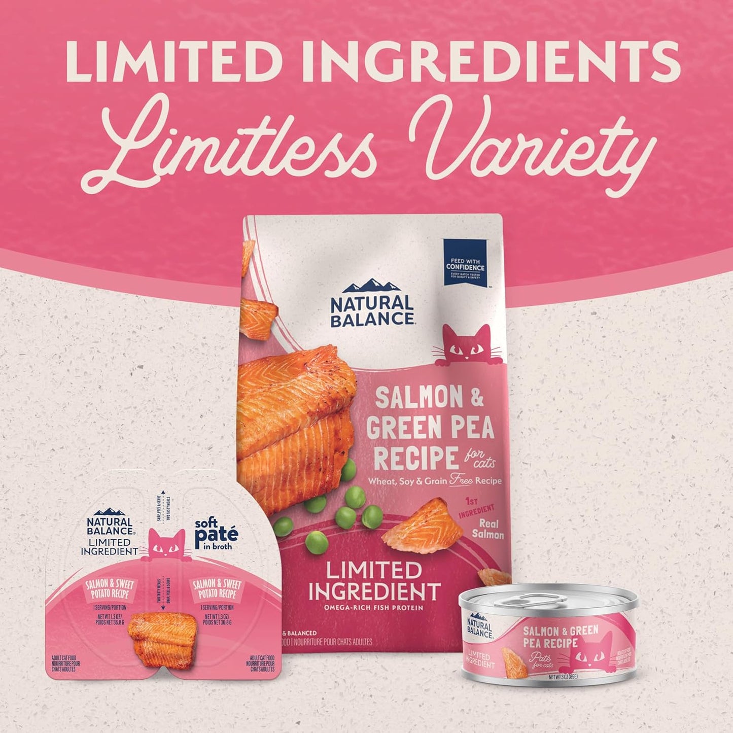Natural Balance Limited Ingredient Soft Pate in Broth Wet Cat Food (10ct, 2.6 oz) is displayed on a pink background, showcasing grain-free salmon and green pea recipes with “Limited Ingredients, Limitless Variety” text.