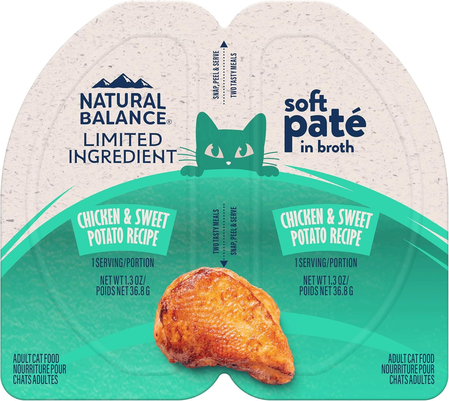 Twin pack of Natural Balance Limited Ingredient Soft Pate in Broth Wet Cat Food, 10 x 2.6 oz cups. Features grain-free Chicken & Sweet Potato recipe with high-quality protein and tempting chicken drumstick imagery on pack.