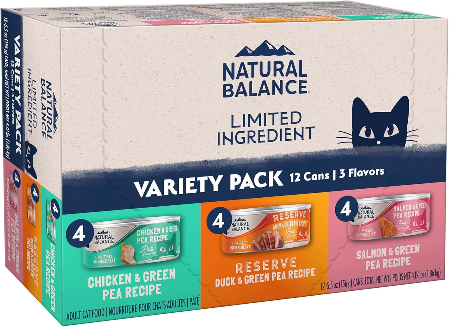 Natural Balance Pet Foods Limited Ingredient Pate Canned Cat Food, variety pack of 12 grain-free cans (4 each: Chicken & Green Pea, Duck & Green Pea, Salmon & Green Pea) offers premium protein for healthy cats.