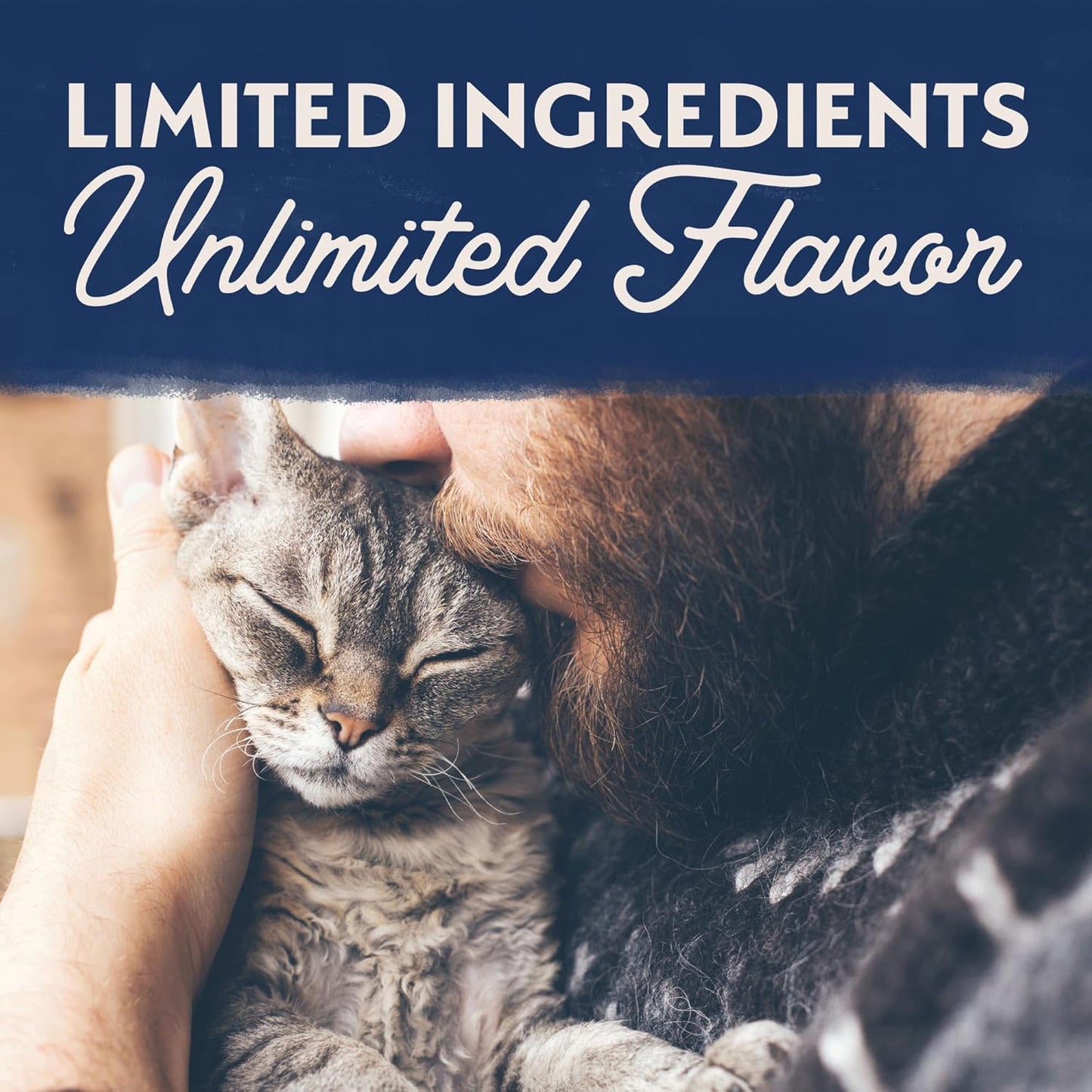 A person cuddles a gray cat, their face pressed gently to its head. Text reads: “Limited Ingredient, Unlimited Flavor. Experience love and trust with Natural Balance Limited Ingredient Pate Canned Cat Food.