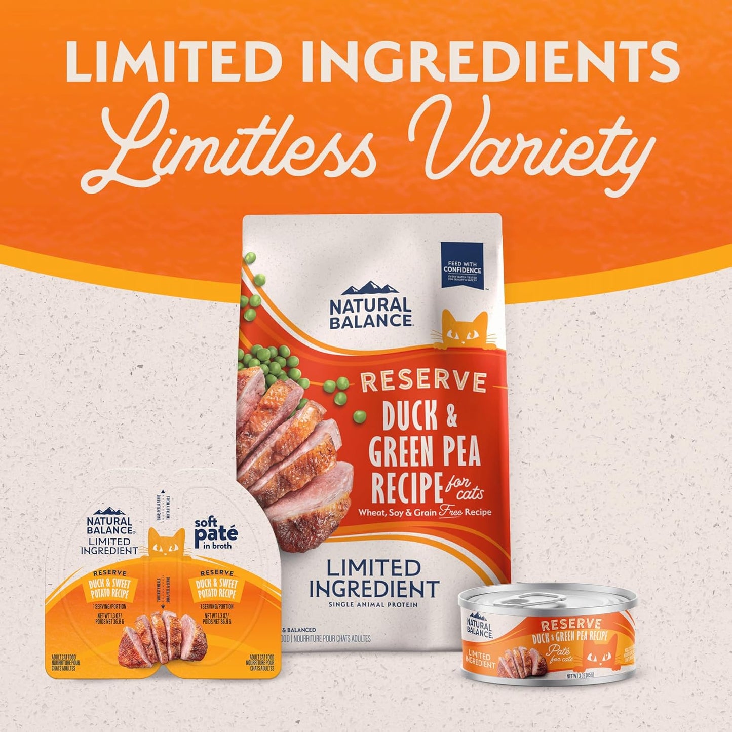 A display of Natural Balance Limited Ingredient Soft Pate in Broth Wet Cat Food (10-pack, 2.6 oz each) with the slogan “Limited Ingredients, Limitless Variety” shown on an orange background.