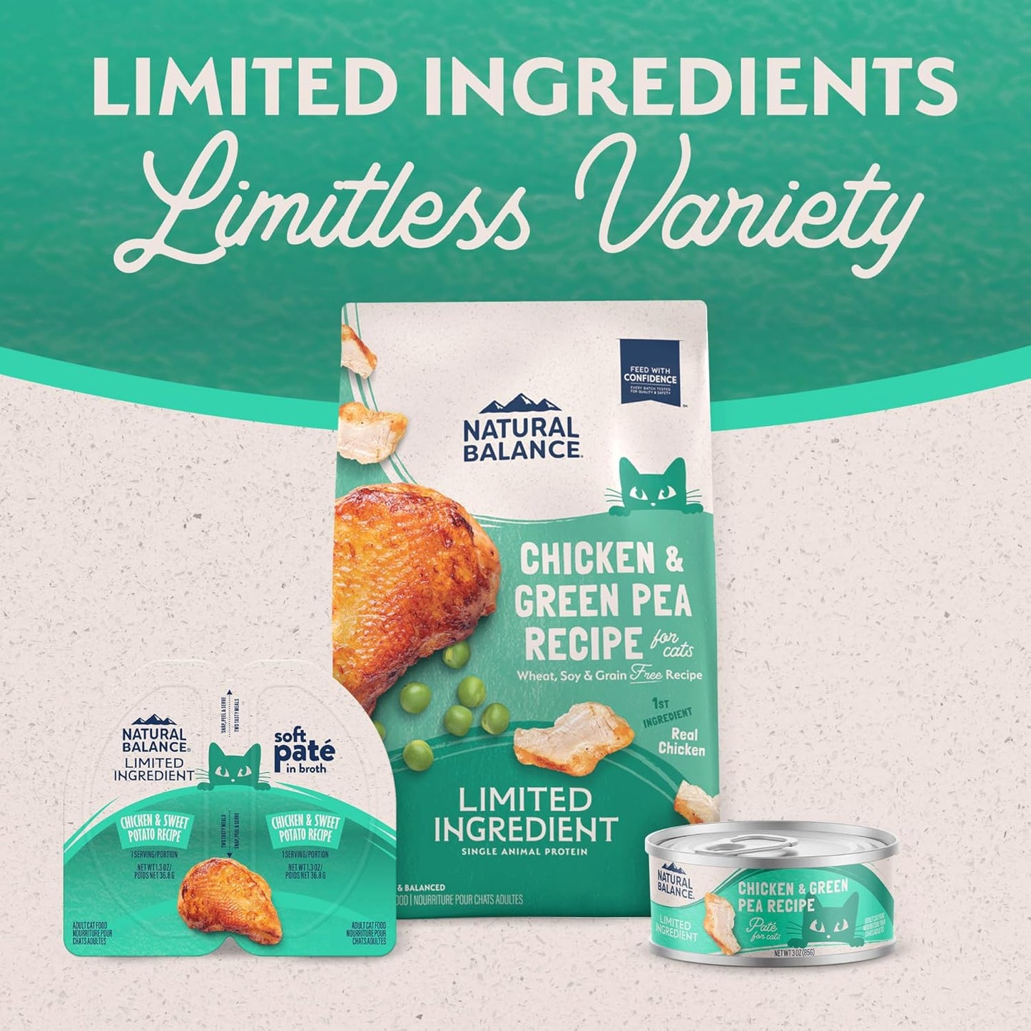 A display of Natural Balance Limited Ingredient Soft Pate in Broth Wet Cat Food (10 x 2.6 oz) with text: Limited-ingredient recipe, High-quality protein, Limitless variety.