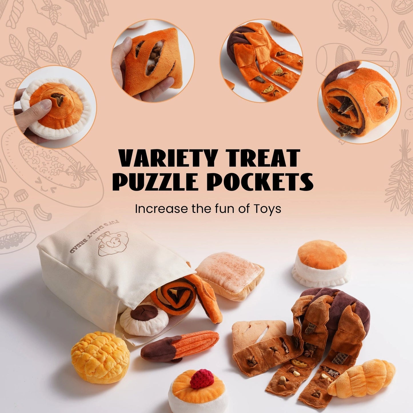 Nocciola 10-Pack Crinkle & Squeaky Bread Dog Toys with Treat Bag: Plush, bread-shaped toys feature treat puzzle pockets and fun crinkle sounds for dogs. Close-ups show treats hidden for interactive play.