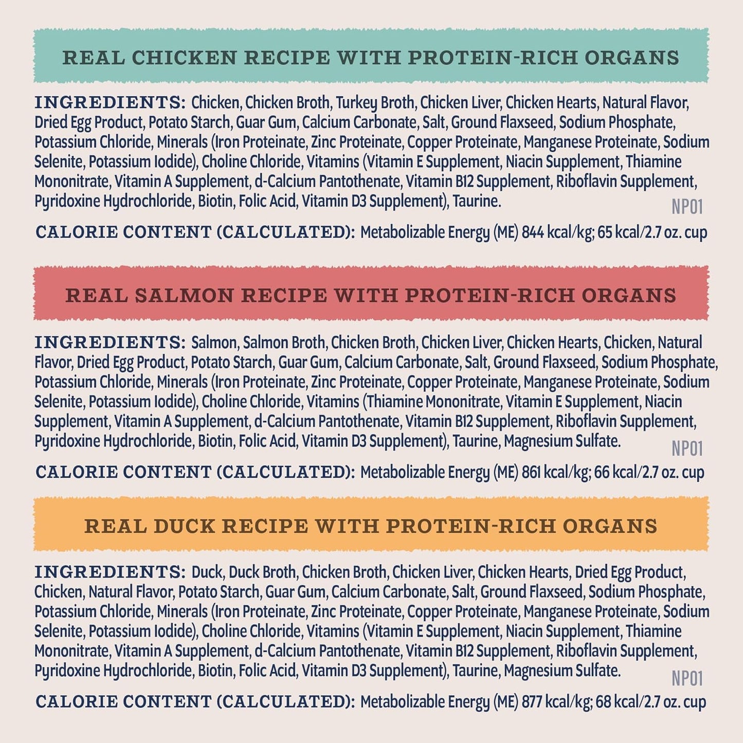 Natural Balance Ultra Protein Cuts in Gravy Wet Cat Food (10x2.7oz) labels list ingredients and calories for chicken, salmon, and duck recipes, with protein sources, nutrients, and supplements shown in color-coded sections.