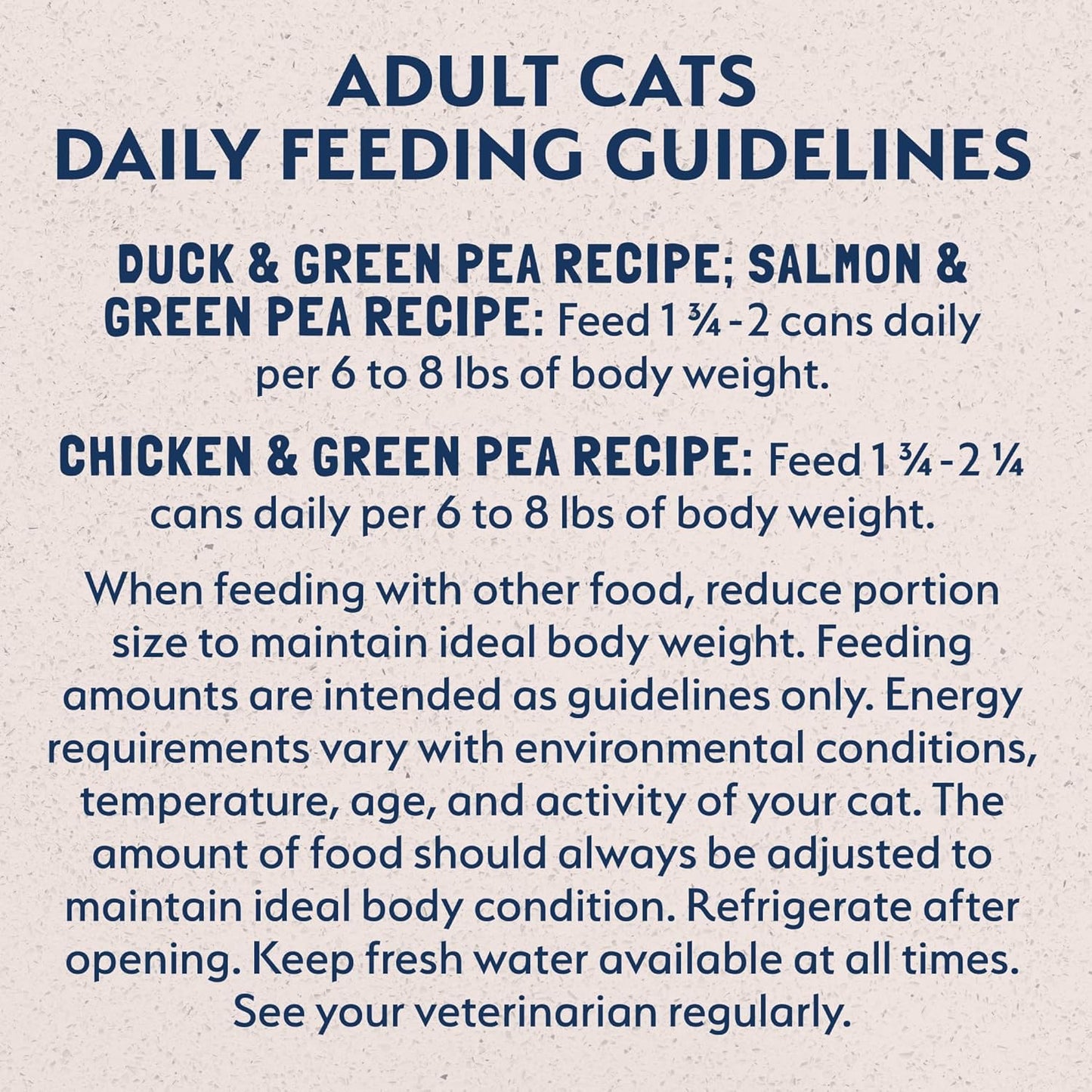 An infographic titled Adult Cats Daily Feeding Guidelines provides daily feeding amounts for Natural Balance Pet Foods Limited Ingredient Pate Canned Cat Food recipes, plus general feeding tips and storage advice.