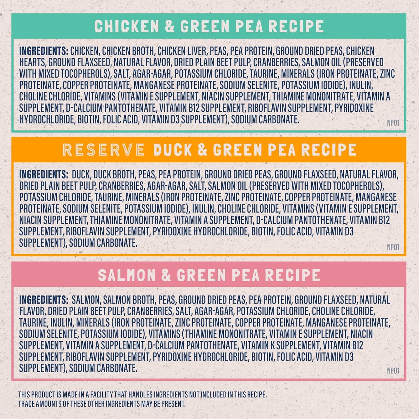 A nutrition label for Natural Balance Limited Ingredient Pate Canned Cat Food shows grain-free options like Chicken & Green Pea, Duck & Green Pea, and Salmon & Green Pea, plus a note about possible cross-contact in the facility.