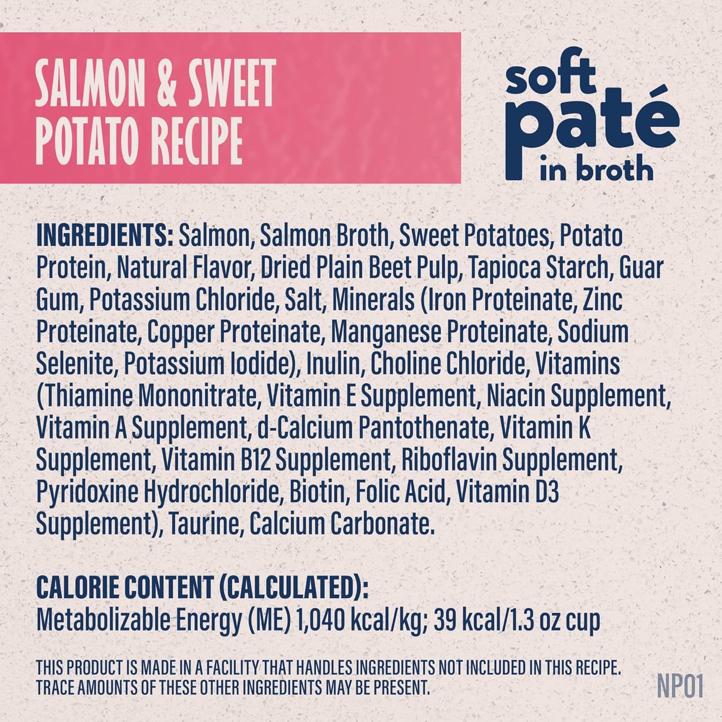 Natural Balance Pet Foods Limited Ingredient Soft Pate in Broth Wet Cat Food label highlights salmon & sweet potato, grain-free recipe, high-quality protein, full ingredient list, nutritional info per 1/3 cup, and possible trace ingredients from shared facility.