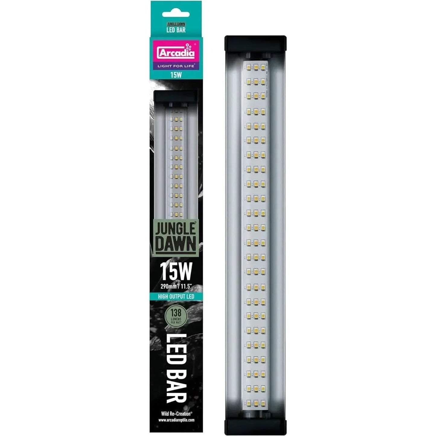 Arcadia Jungle Dawn LED Terrarium Light Bar in its original packaging emitting white light