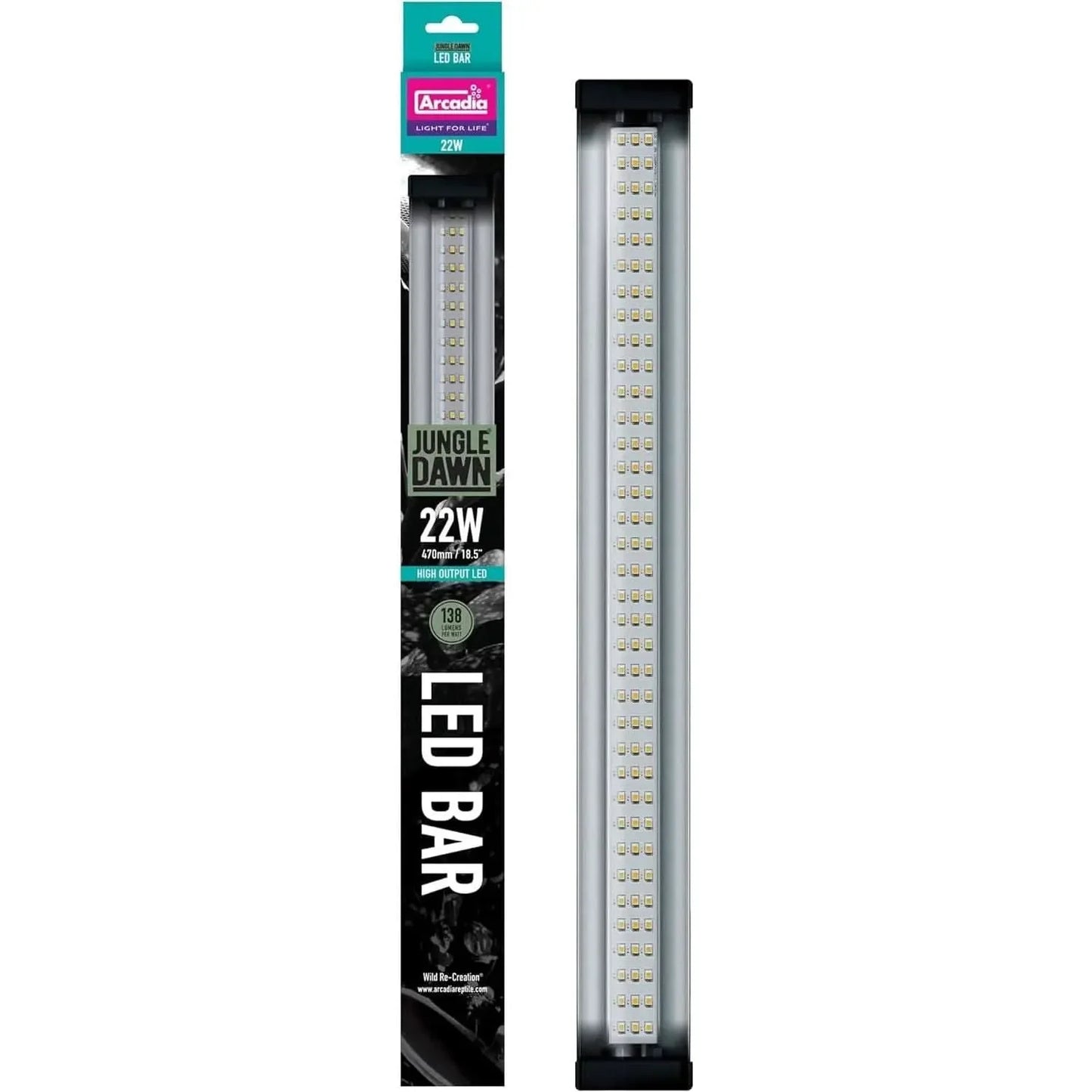 The Arcadia Jungle Dawn LED Terrarium Light Bar alongside its packaging