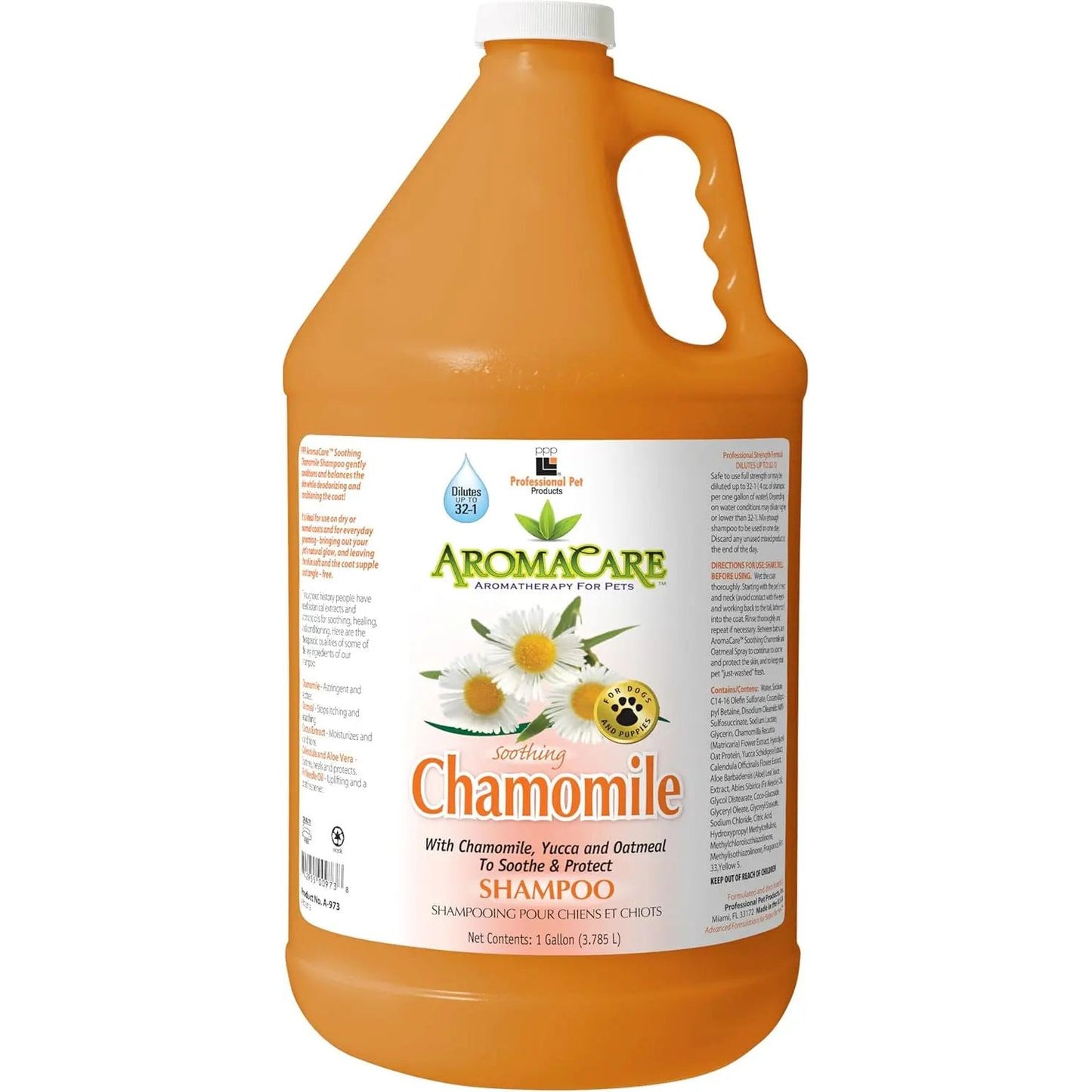 AromaCare Chamomile Shampoo comes in a 1-gallon jug and gently cleanses your dog’s sensitive skin with chamomile extract. The white and orange label features chamomile flowers and detailed product information.