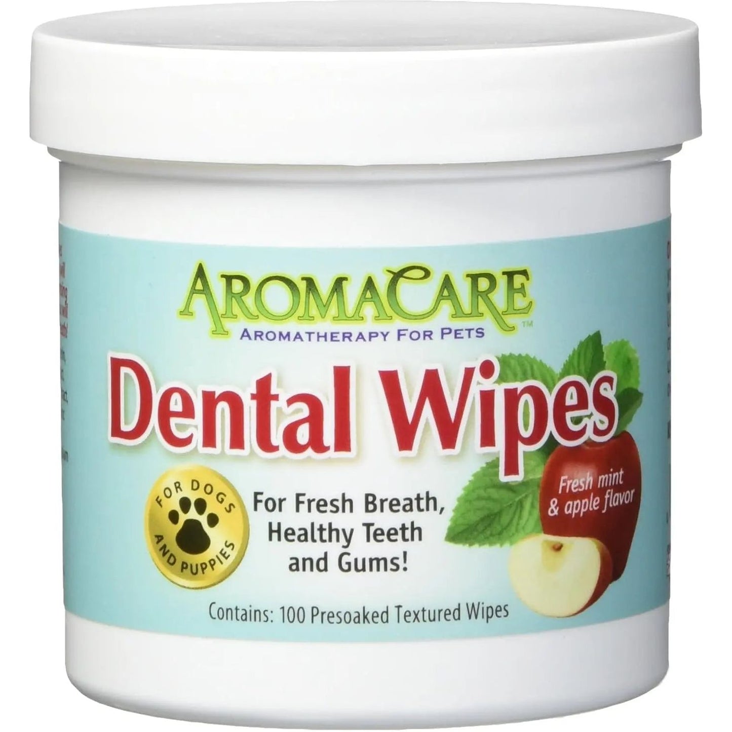 AromaCare Dental Wipes, 100 Count: A container from AromaCare for dogs and puppies with a fresh mint & apple label, featuring red apple slice and mint leaf images. Includes 100 presoaked wipes for pet oral care and fresh breath.