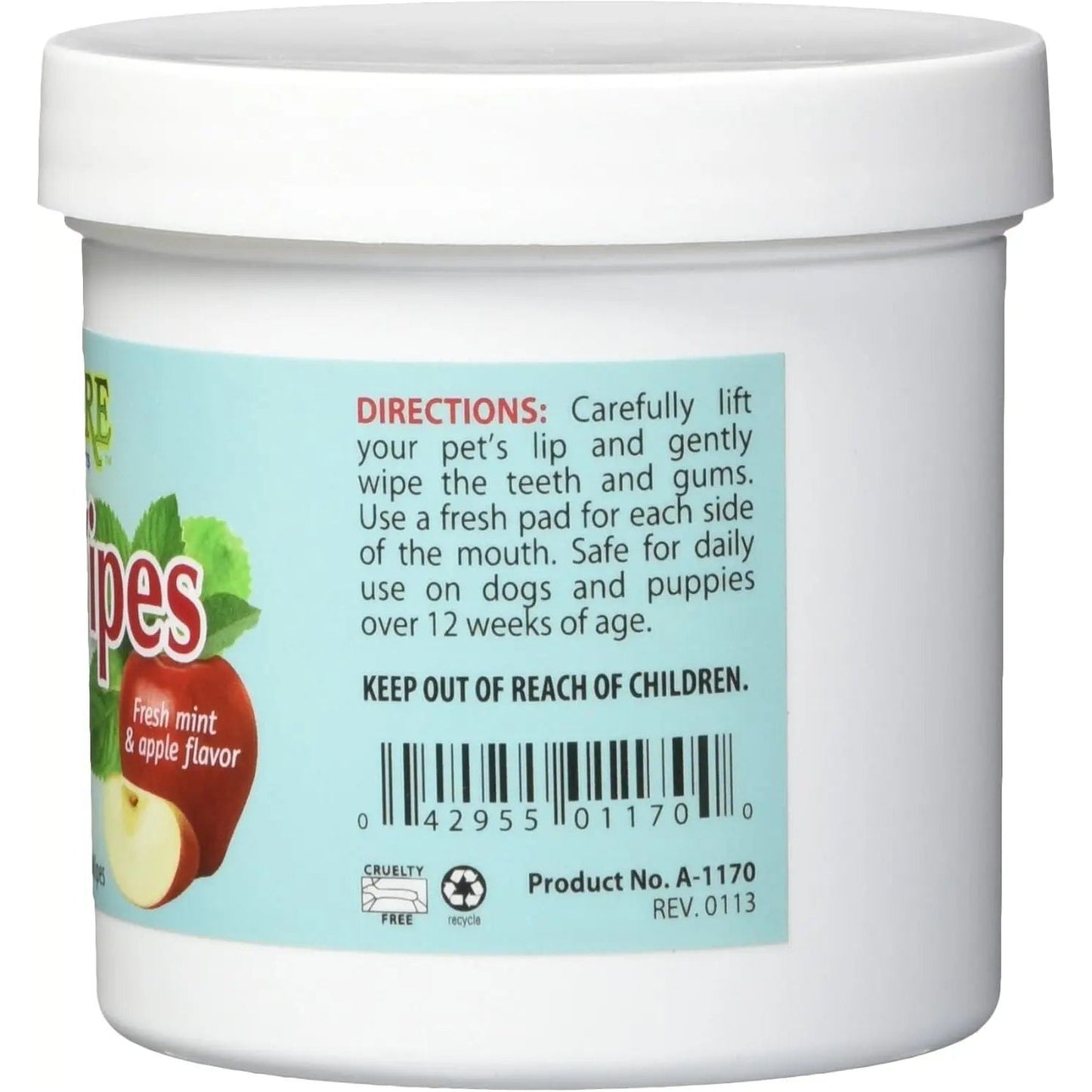 AromaCare Dental Wipes, 100 Count, in a white container with usage instructions for pets’ teeth and gums, cruelty-free and recycling symbols, a barcode, and a warning to keep out of reach of children.