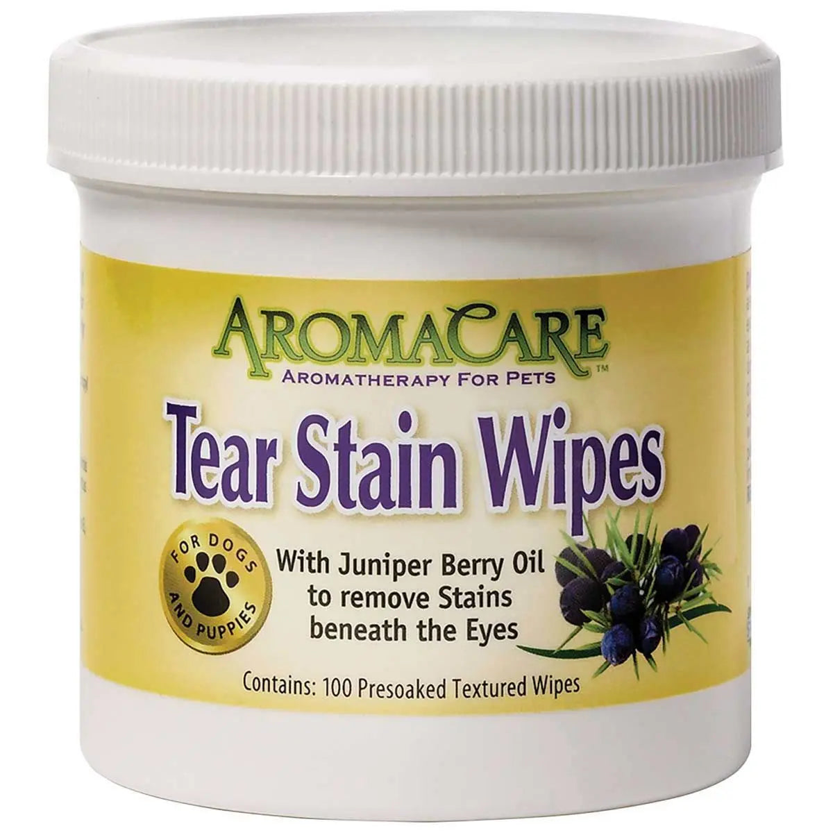 A white AromaCare container holds 100 Tear Stain Remover Wipes for dogs and puppies with a coconut-based formula and juniper berry oil. The yellow and purple label features juniper berries.