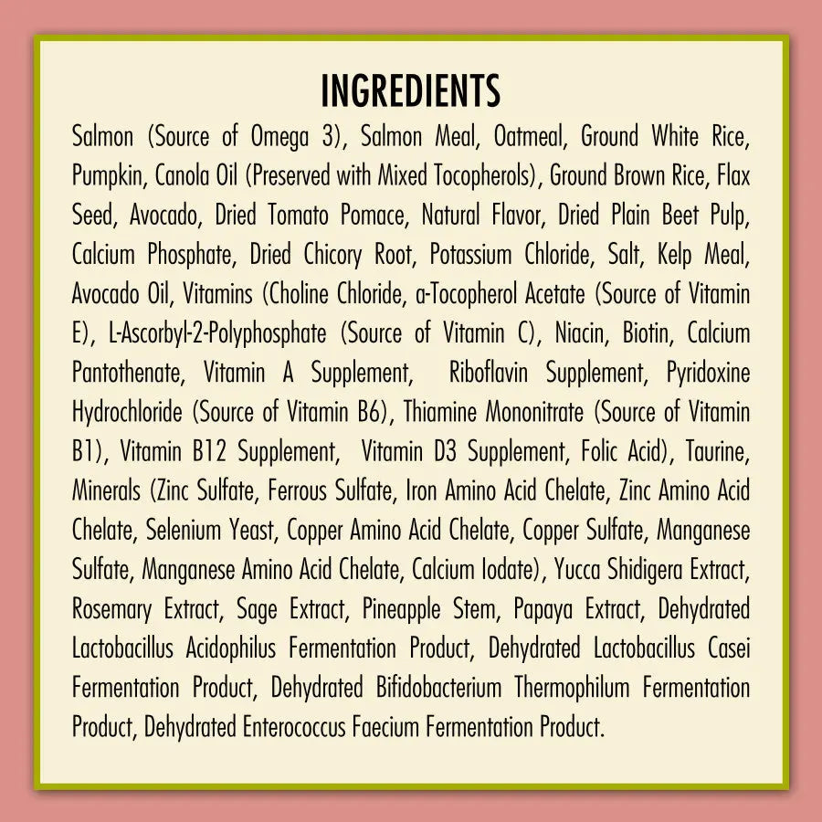 The ingredients of AvoDerm CPD Adv Sensitive Support Salmon & Oatmeal Formula Dry Dog Food—salmon, oatmeal, brown rice, sweet potato, vitamins, minerals, and extracts—are shown on a beige background with a pink border.
