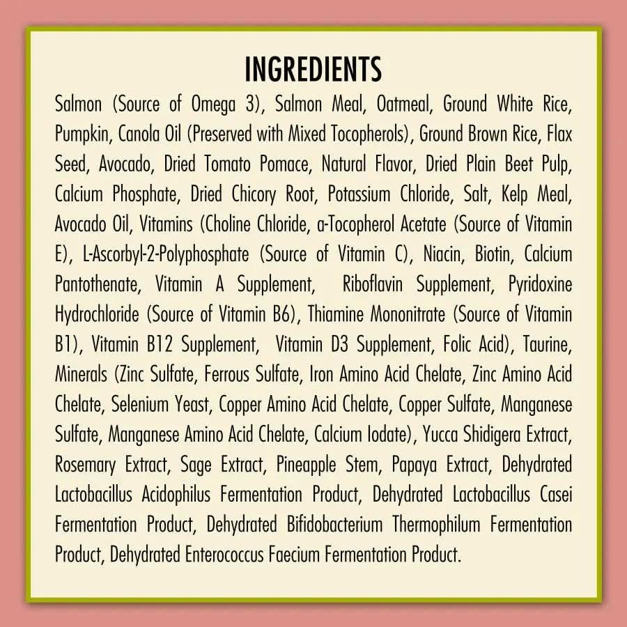 The ingredients of AvoDerm CPD Adv Sensitive Support Salmon & Oatmeal Formula Dry Dog Food—salmon, oatmeal, brown rice, sweet potato, vitamins, minerals, and extracts—are shown on a beige background with a pink border.