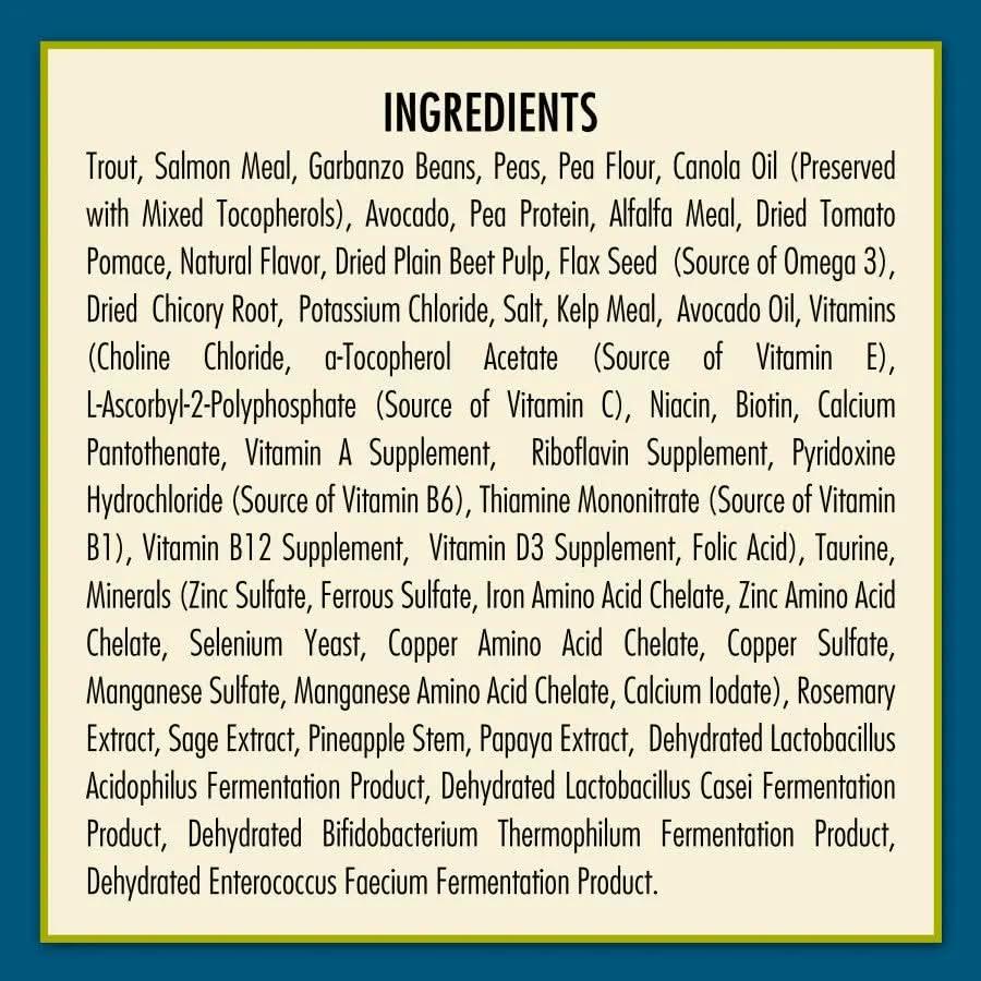 A rectangular label for AvoDerm Grain Free LID Revolving Menu Trout & Pea Recipe Dry Dog Food lists meats, vegetables, oils, vitamins, minerals, and supplements in small black text on beige with a blue border.