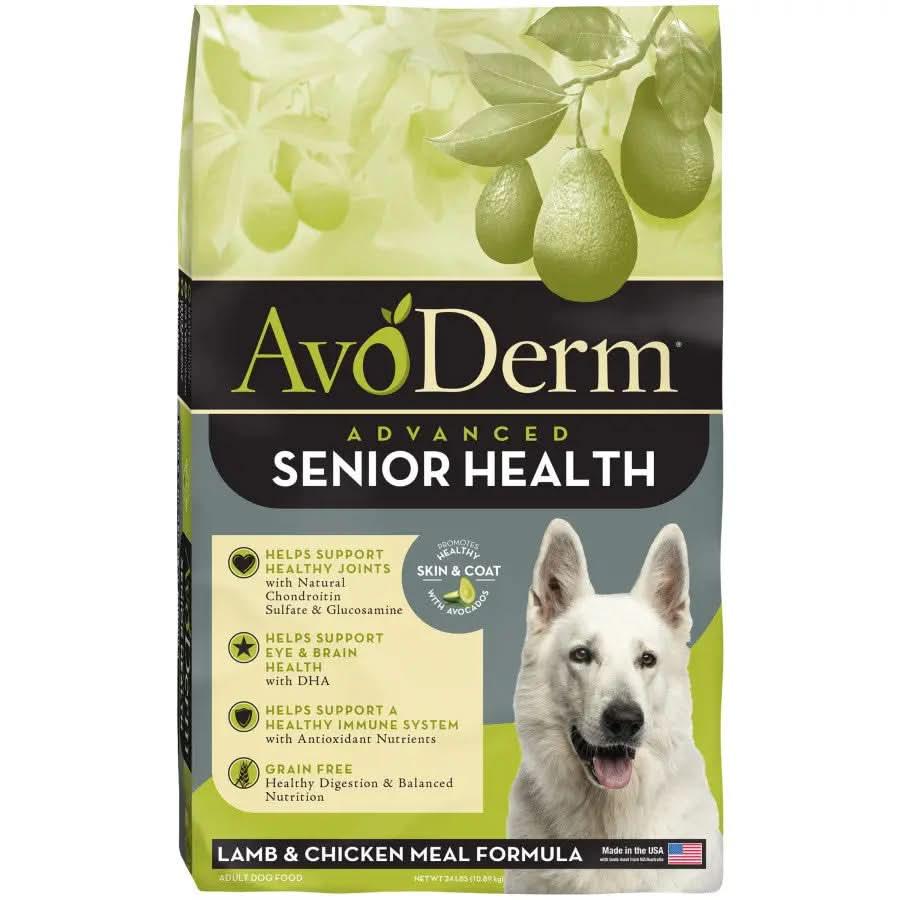 The AvoDerm CPD Senior Health Grain Free Lamb Meal Formula Dry Dog Food bag features a happy white dog, green avocado illustrations, and text highlighting joint, eye, brain, and immune system benefits for senior dogs.