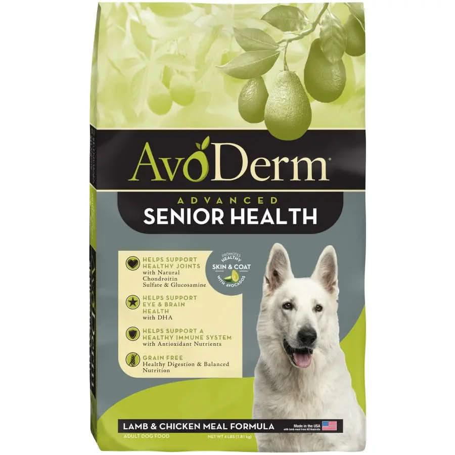 AvoDerm CPD Senior Health Grain Free Lamb Meal Formula Dry Dog Food features a white dog and avocados on the bag, highlighting benefits for joints, brain, immune system, and skin and coat.