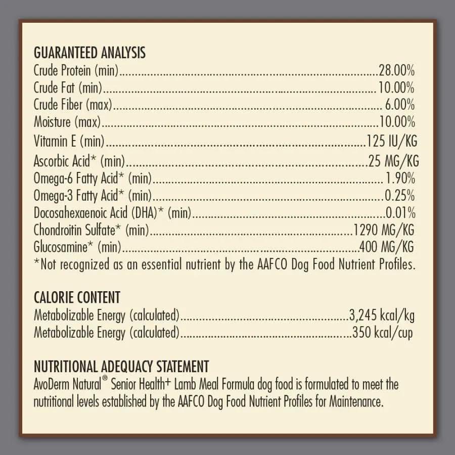 AvoDerm CPD’s Senior Health Grain Free Lamb Meal Formula Dry Dog Food nutrition label displays guaranteed analysis, calorie content, and an adequacy statement for senior health, listing protein, fat, fiber, moisture, vitamins, and nutrients per kg.