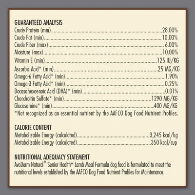 AvoDerm CPD’s Senior Health Grain Free Lamb Meal Formula Dry Dog Food nutrition label displays guaranteed analysis, calorie content, and an adequacy statement for senior health, listing protein, fat, fiber, moisture, vitamins, and nutrients per kg.