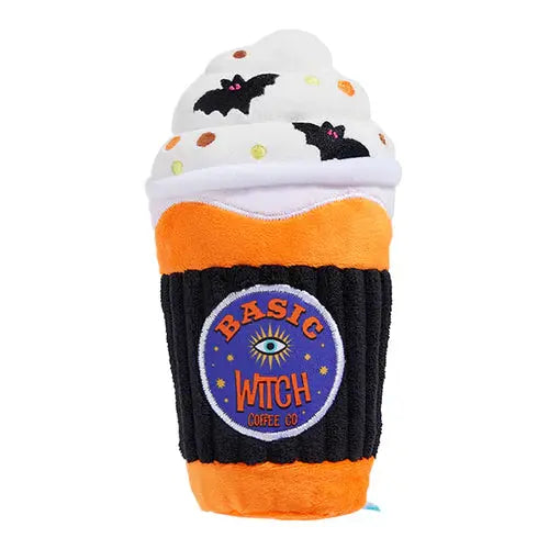 The BARK Spooky Boo Brew Plush Dog Toy by BARK is a Halloween-themed coffee cup with white whipped cream, black bats, colorful sprinkles, and an orange-and-black “Basic Witch Coffee Co.” sleeve.