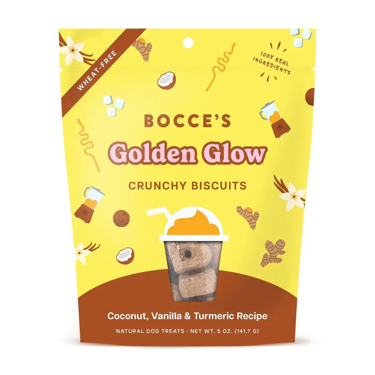 A yellow and brown 5oz bag of Bocceās Bakery Golden Glow Biscuit Dog Treats, with coconut, vanilla, turmeric, and biscuit art. The package highlights natural ingredients, a wheat-free recipe, and 100% real goodness.
