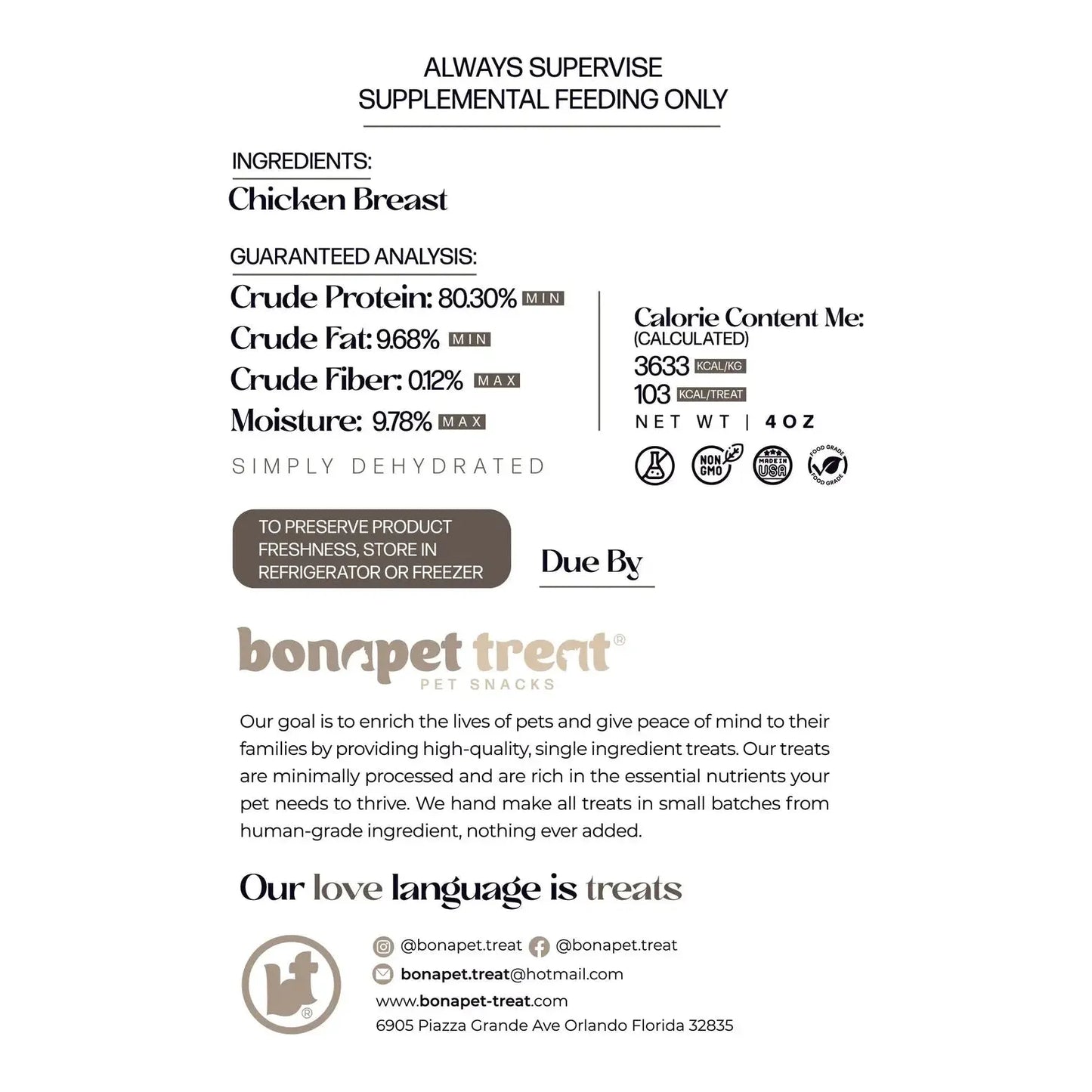 Bonapet Treat label for Bonapet All-Natural Chicken Jerky for Healthy Pets 5 oz highlights premium chicken, nutrition facts, storage guidelines, brand info, social media icons, and expiration date. Colors: beige, brown, and black.