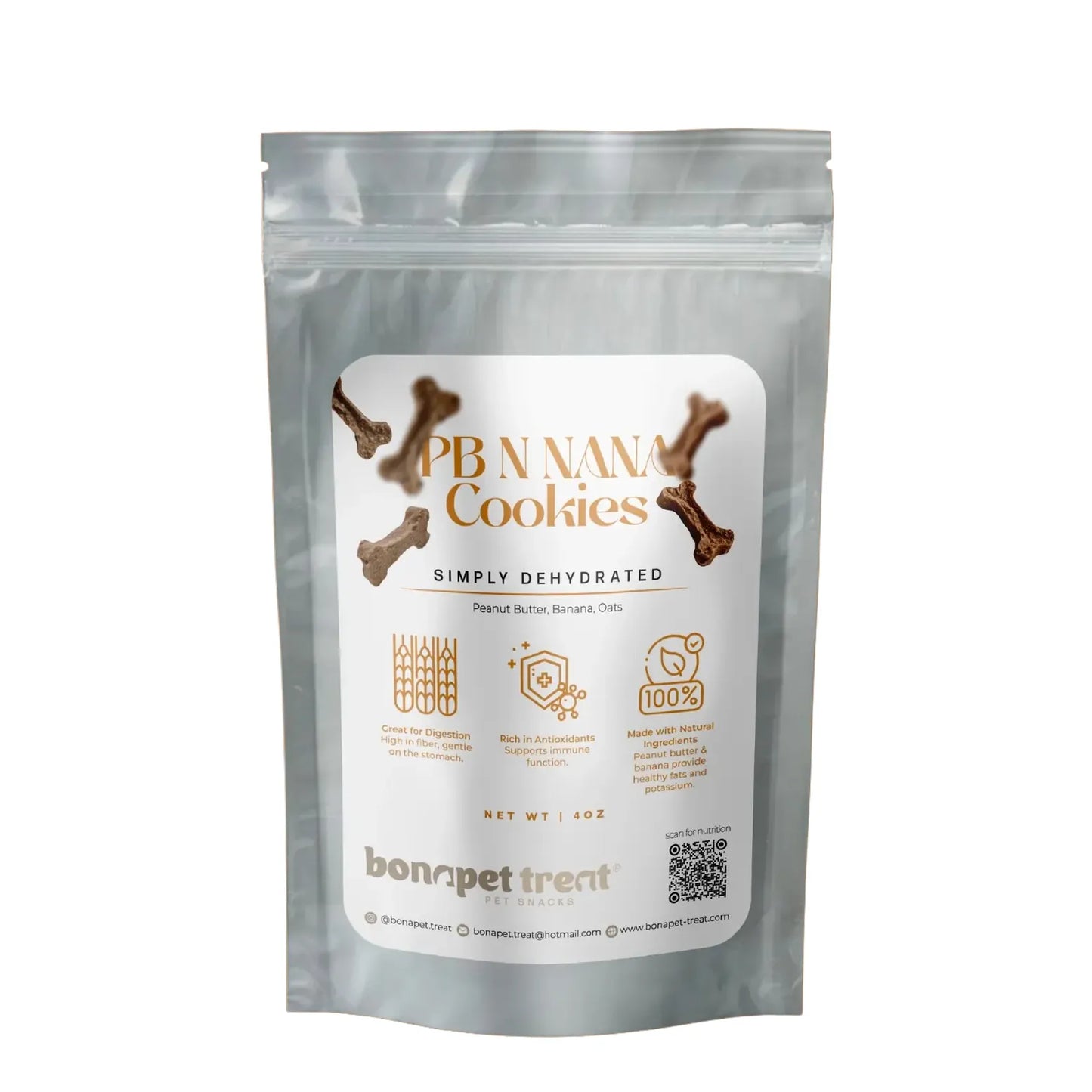 Bonapet Treat Pb N Nana Organic Peanut Butter & Banana Dog Cookies 5 oz come in a clear resealable bag with bone-shaped treats made from oats, offering a healthy snack for dogs and highlighting nutritional benefits on the packaging.