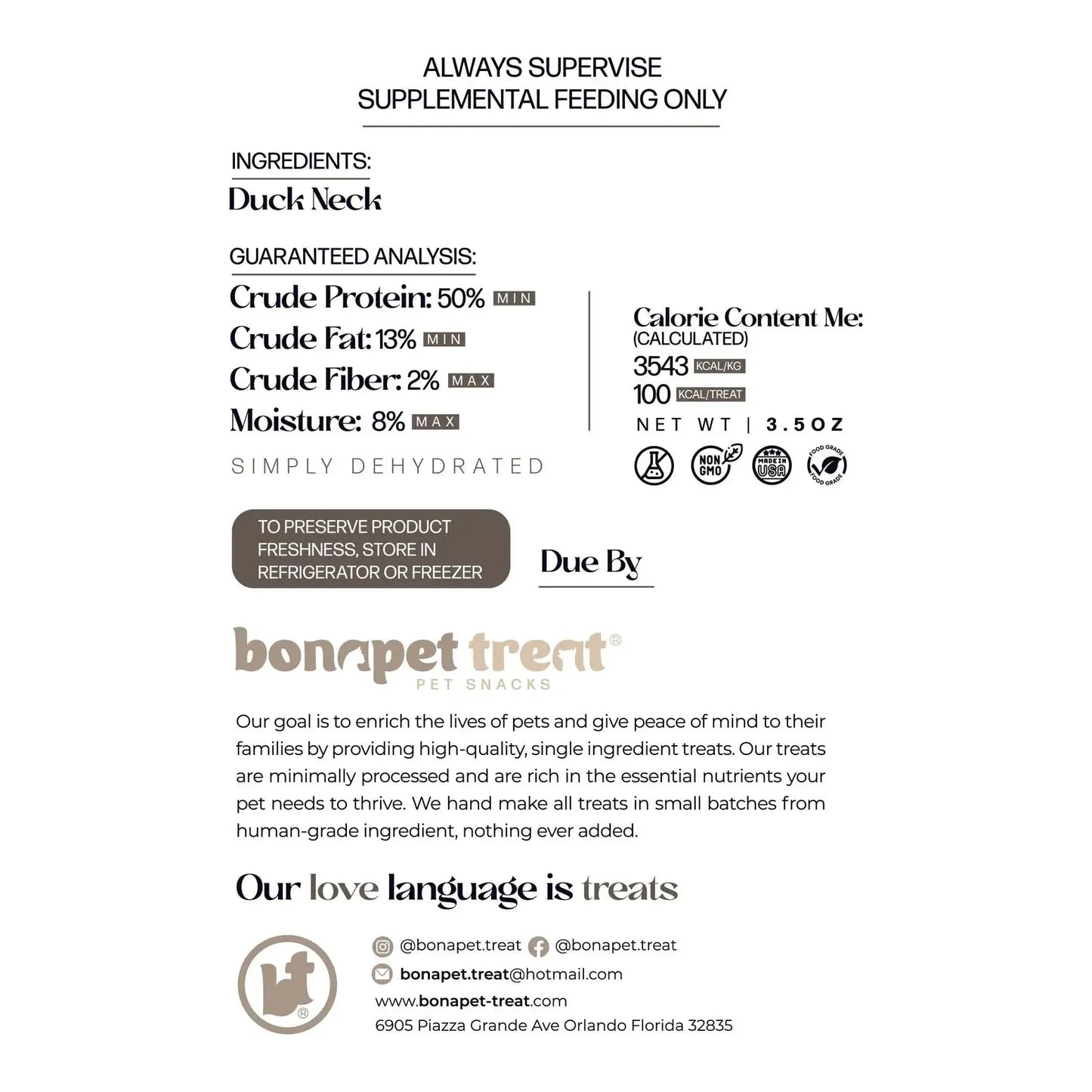 A pet treat label for Bonapet Treat Pb N Nana Organic Peanut Butter & Banana Dog Cookies (5 oz) features nutritional analysis, ingredients, storage instructions, social media contacts, and a message on hand-making healthy dog snacks.