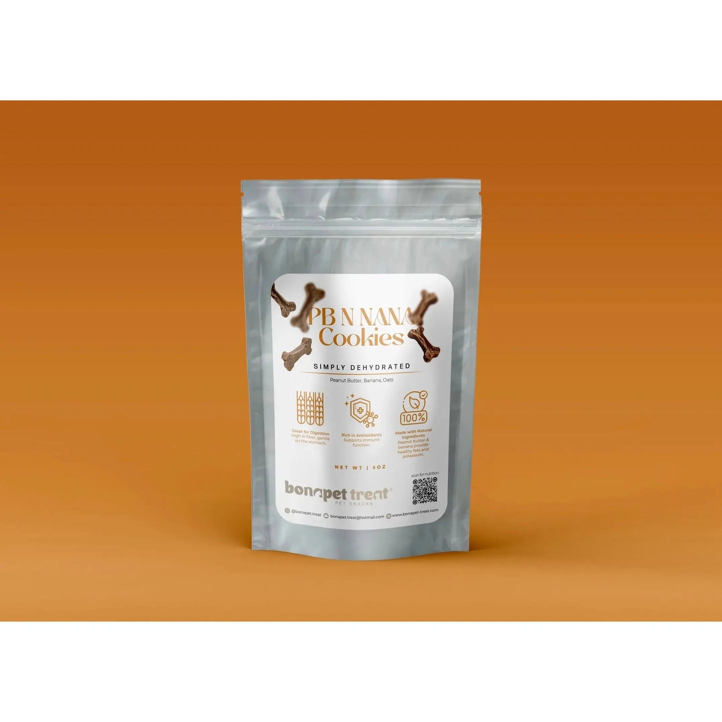 A silver resealable pouch labeled Bonapet Pb N Nana Organic Peanut Butter & Banana Dog Cookies 5 oz by Bonapet Treat, featuring dog bone treats and highlighting 100% natural, simply dehydrated Healthy Dog Snacks.