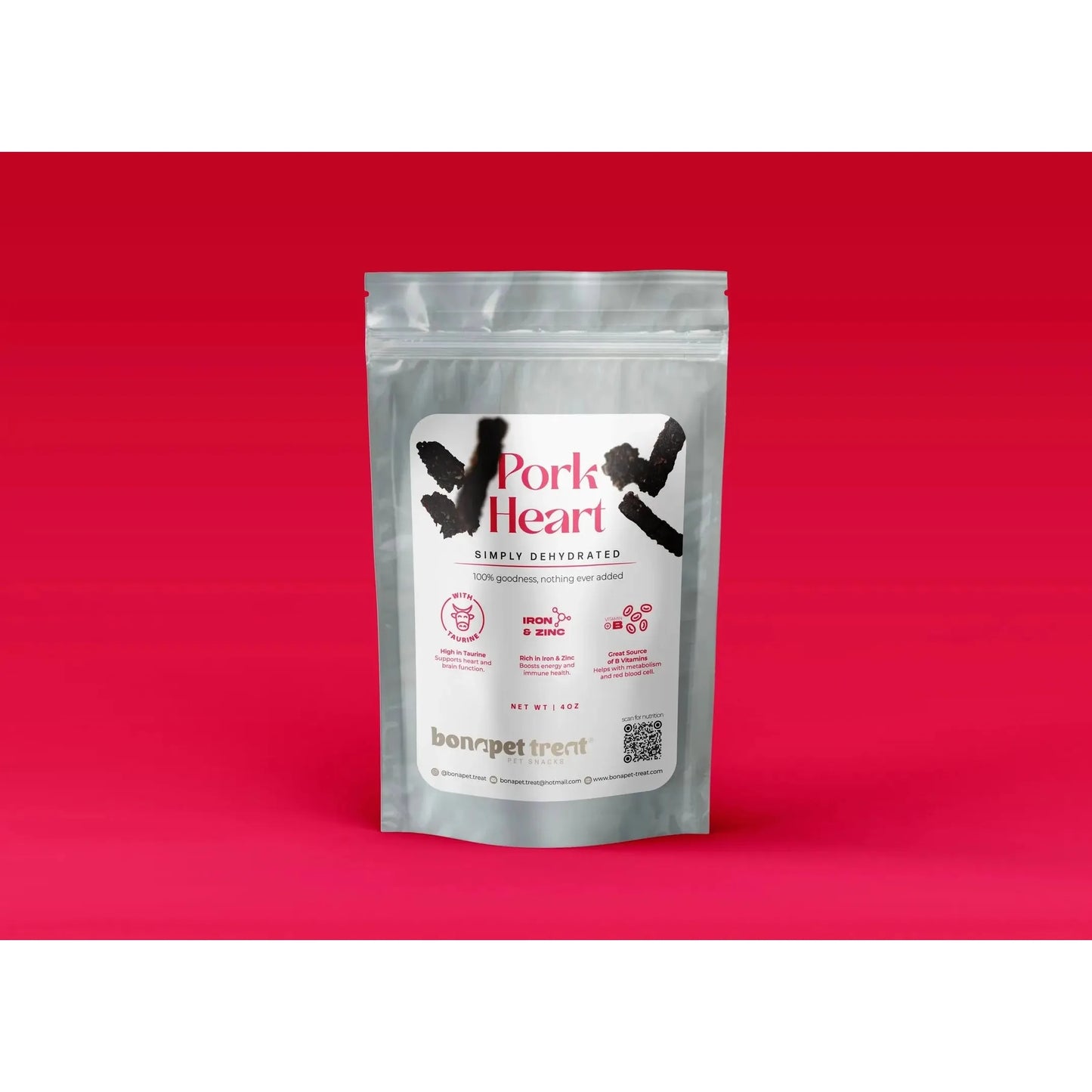 A silver resealable pouch of Bonapet Pork Heart Dog Treat – Protein-Packed & All-Natural 4 oz by Bonapet Treat stands upright on a red gradient background, displaying black illustrations, nutrition info, and bonappetreat branding.