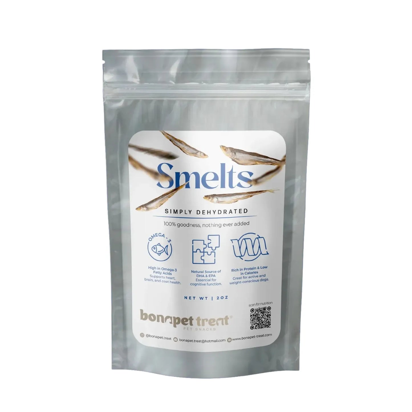 A clear resealable pouch labeled Bonapet Wild-Caught Smelts contains wild-caught smelts dehydrated into natural high-protein treats for pets, with Omega-3 fatty acids highlighted. Bonapet Treat brand name appears at the bottom.