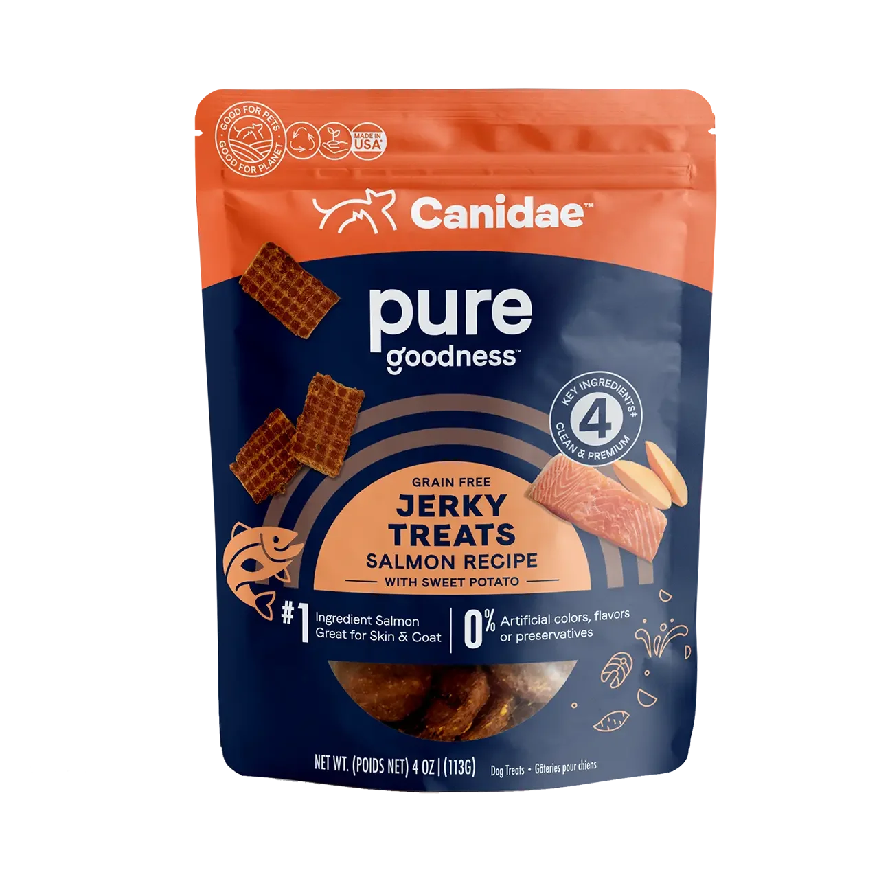 CANIDAE PURE Salmon Jerky w/Sweet Potato Dog Treats 4 oz CANIDAE