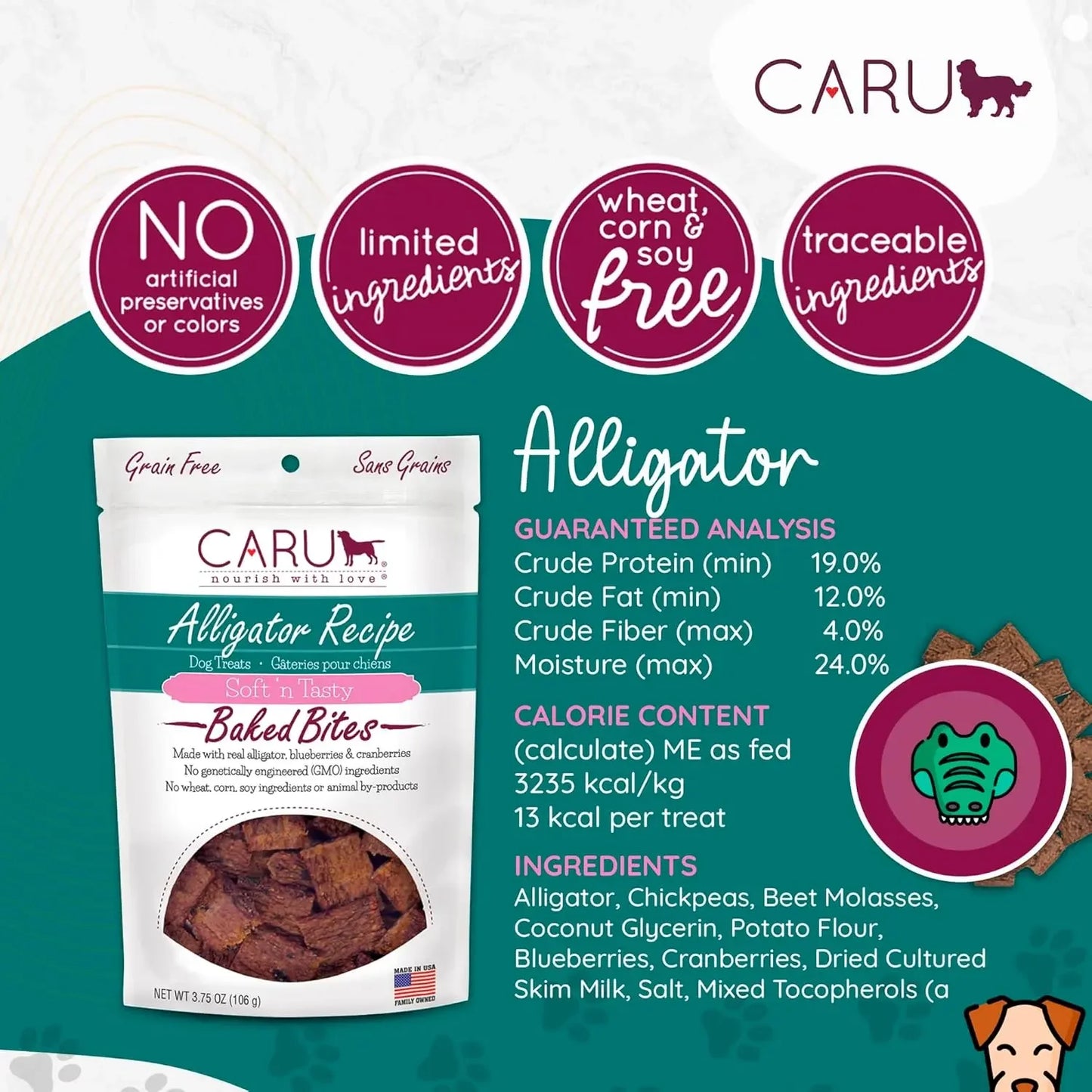Caru Pet Food Soft 'n Tasty Baked Bites Alligator Recipe Grain-Free Dog Treats Caru Pet Food