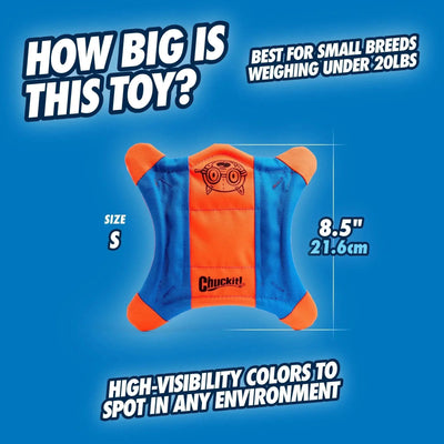 The Chuckit!® Flying Squirrel Dog Toy is a small, square fetch toy (8.5, orange/blue) by Chuckit!®, designed for dogs under 20 lbs with bright, high-visibility colors for energetic games of fetch.