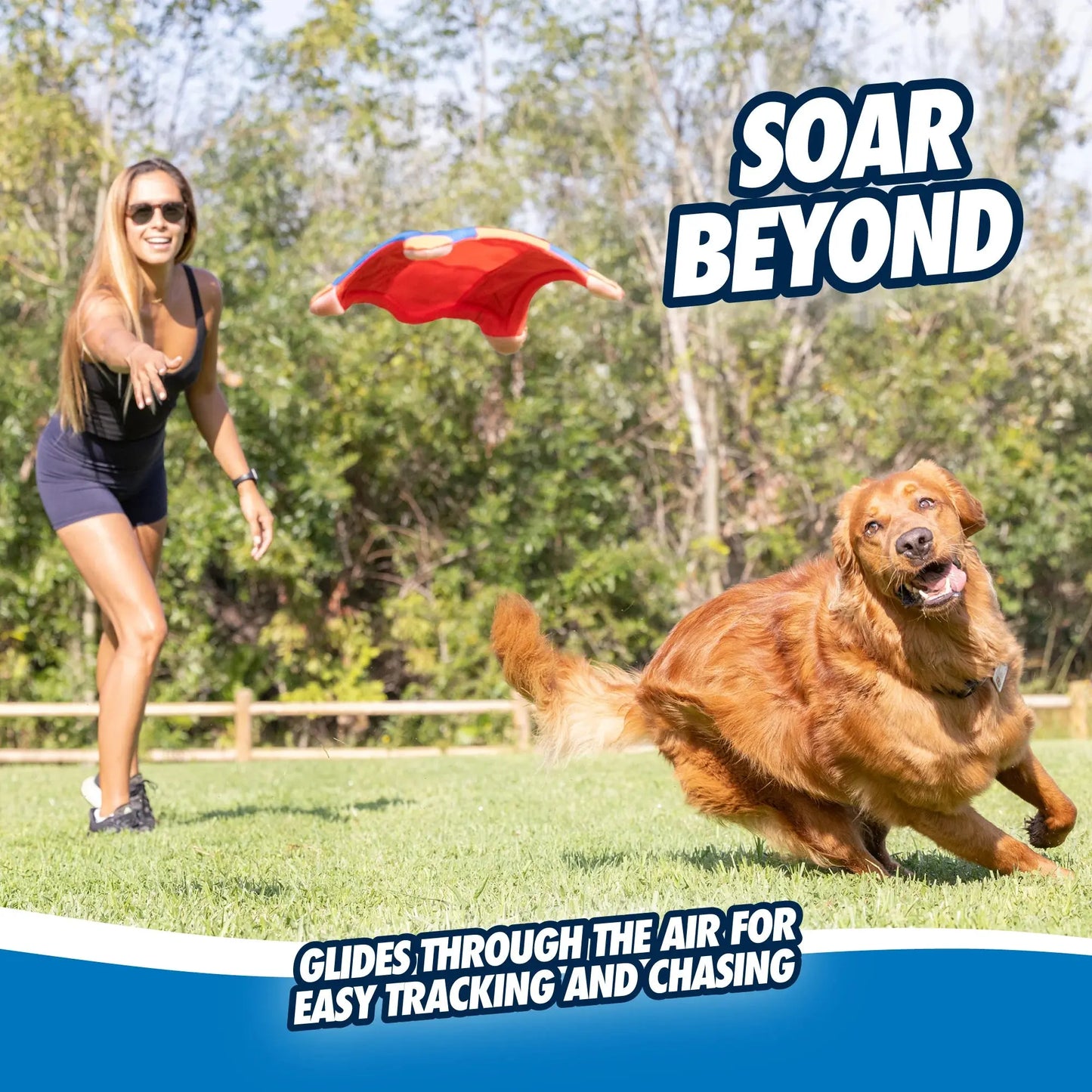 A woman throws a Chuckit!® Flying Squirrel Dog Toy (Orange/Blue) by Chuckit!® as her golden retriever runs to fetch it on grass. Text: SOAR BEYOND. This toy glides through the air, making tracking and chasing fun and easy for dogs.