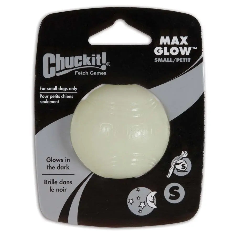 A packaged Chuckit!® Max Glow Ball Dog Toy, small size, for dogs. Made of durable white rubber that glows in the dark. The packaging has English and French text and is labeled for small dogs only. Brand: Chuckit!®.