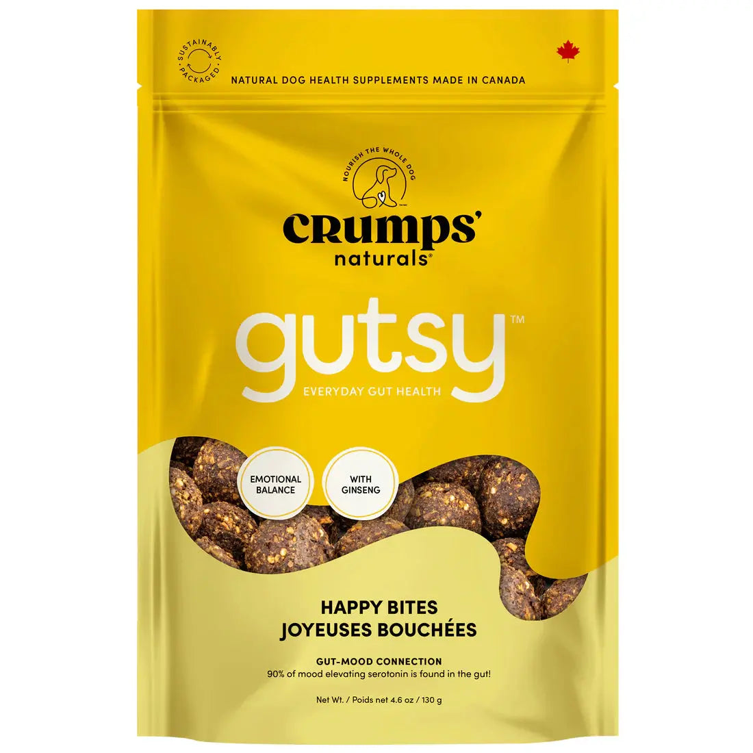 A yellow pouch of Crumps’ Naturals Gutsy Happy Bites emphasizes Everyday Gut Health featuring natural adaptogens like ginseng for mood support. Made in Canada, the pouch shows a dog silhouette with dark treats below.