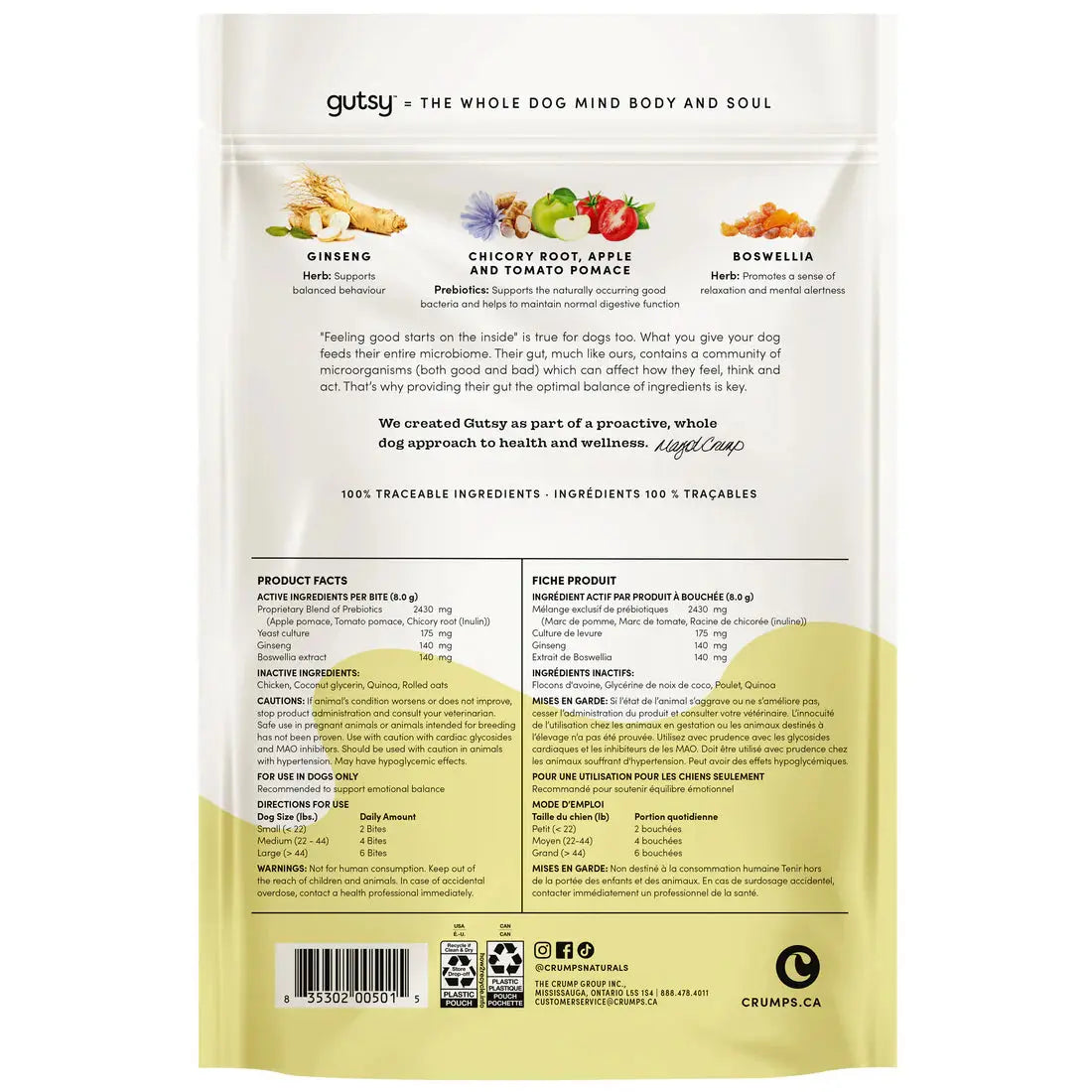 The Gutsy Happy Bites package from Crumps Naturals emphasizes natural adaptogens like ginseng, chicory root, apple, and tomato pomace for canine health. It includes product facts, descriptions, and a probiotic statement to support your dogs well-being.