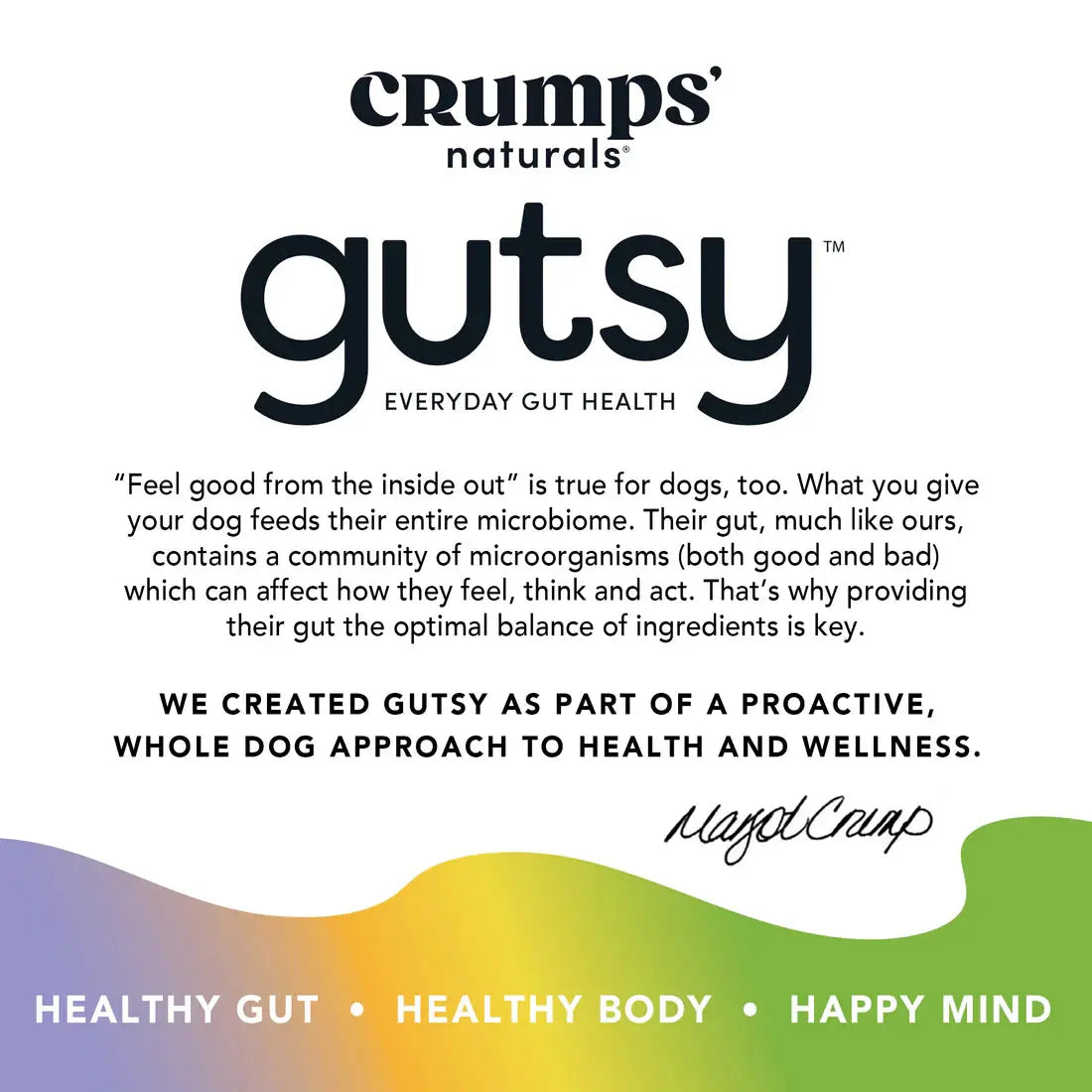 A text image displays the Crumps Naturals logo with the product name Crumps’ Naturals Gutsy Happy Bites - Mood & Gut Health Dog Treats, highlighting dog gut health. It mentions microbiomes, a balanced diet, and natural adaptogens for dogs. The tagline: Healthy Gut • Healthy Body • Happy Mind.