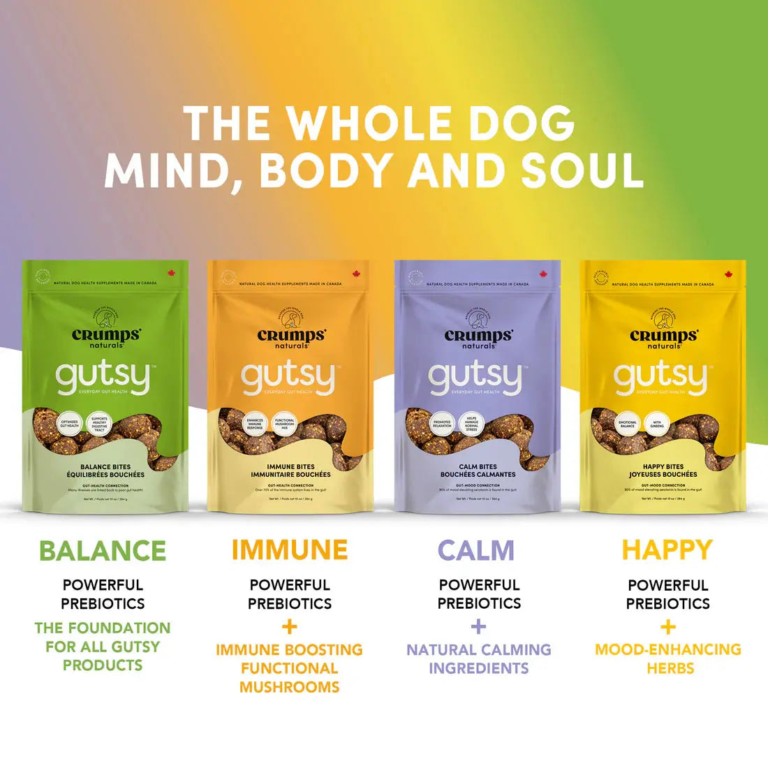 Four bags of Crumps’ Naturals Gutsy Happy Bites are showcased, each promoting unique benefits: Balance (green) for gut health, Immune (orange), Calm (purple) with adaptogens, and Mood support (yellow). The display reads The Whole Dog Mind, Body and Soul.