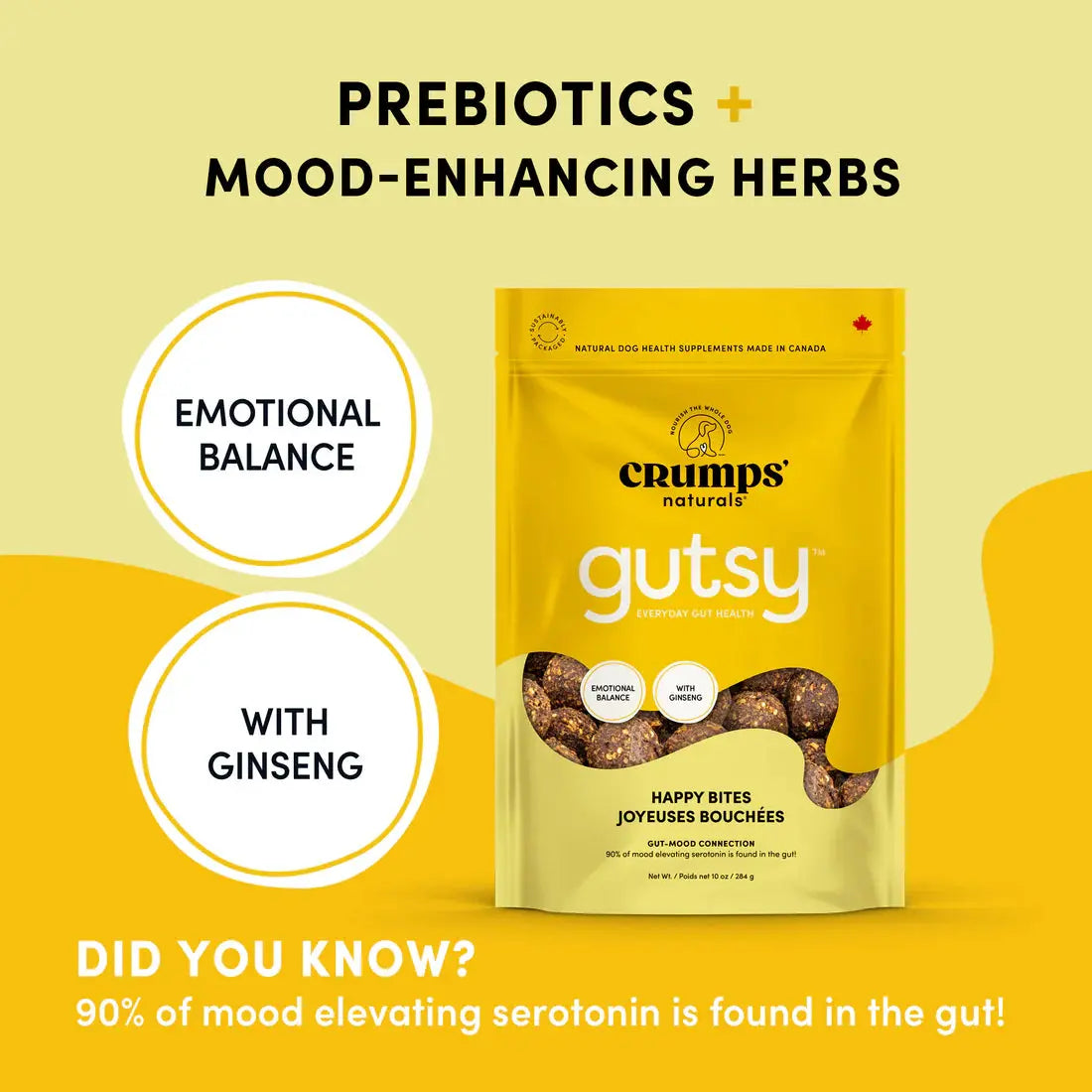 The bright yellow package of Crumps’ Naturals Gutsy Happy Bites - Mood & Gut Health Dog Treats is set against a light yellow background, featuring prebiotics, mood-enhancing herbs, natural adaptogens, and ginseng. It notes serotonins crucial role in mood and gut health for dogs.