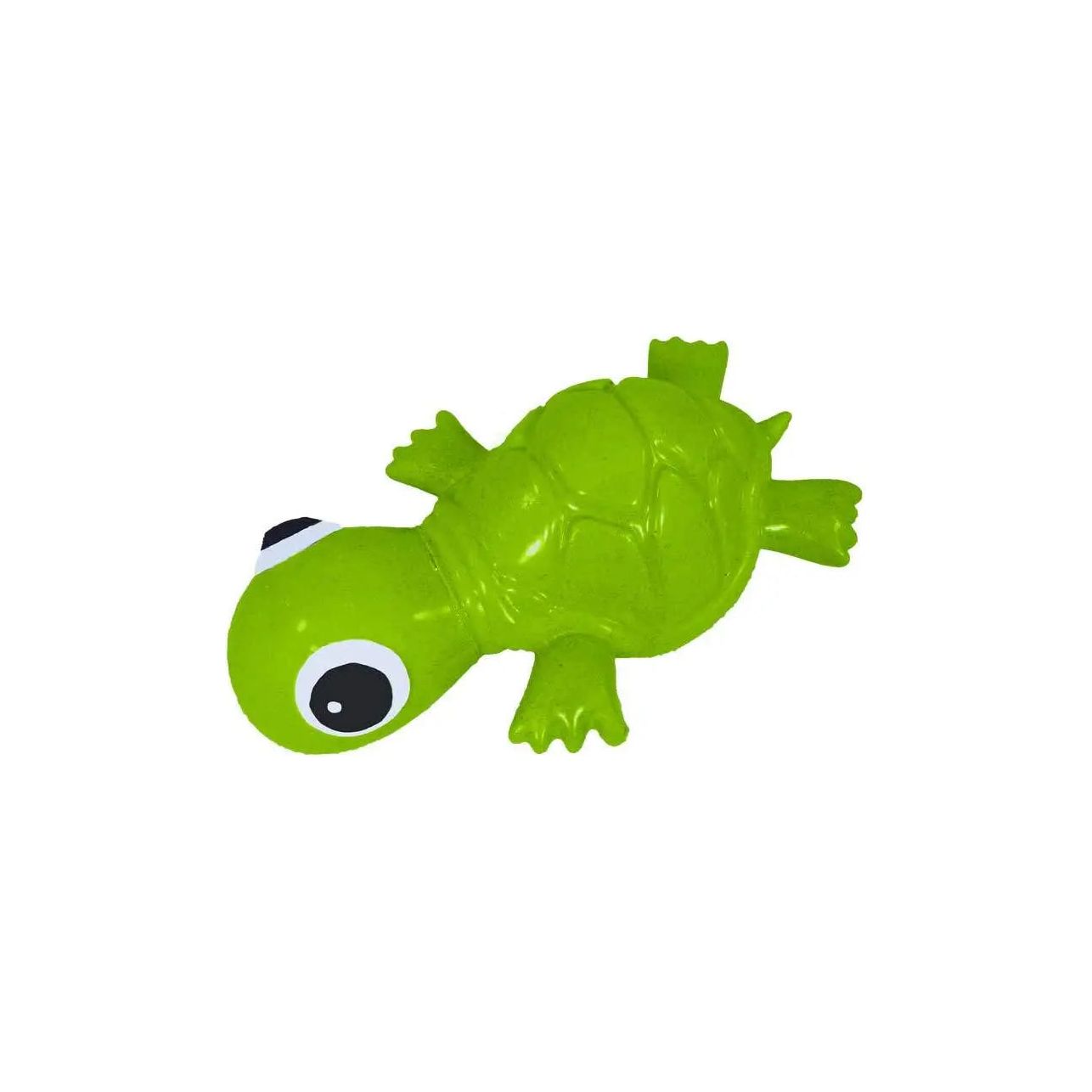 A green Cycle Dog 3-Play Turtle Dog Toy by Cycle Dog, made of plastic with big white and black eyes, is shown lying on its back against a white background.