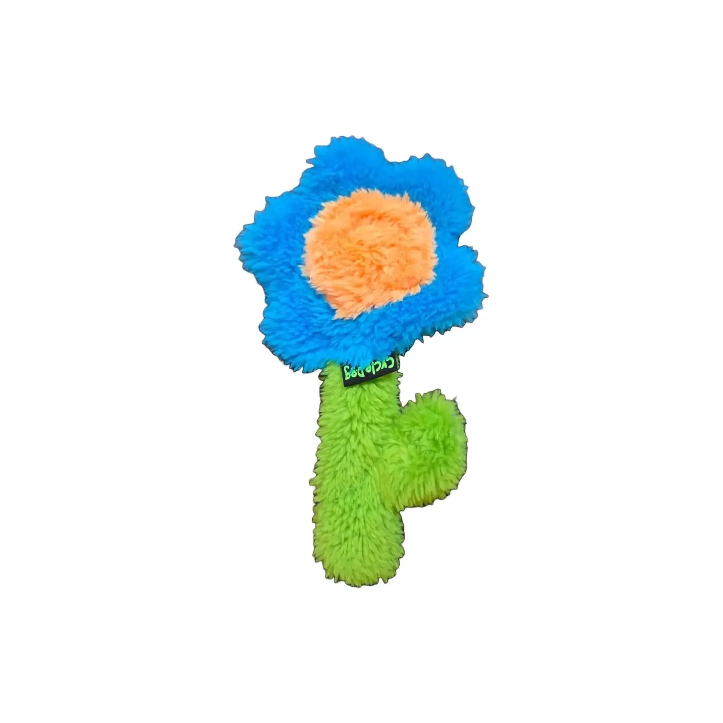 The Cycle Dog Duraplush Cat Toy, shaped like a flower with fuzzy blue petals, an orange center, and a green stem, is a premium catnip toy by Cycle Dog—perfect for playful cats and shown on a white background.