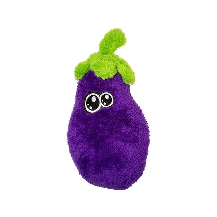 The Cycle Dog Duraplush Eco-Friendly Tough Dog Toy by Cycle Dog is a plush eggplant-shaped dog toy made from recycled materials with a fuzzy purple body, green top, and big cartoon eyes—perfect for playful pups.