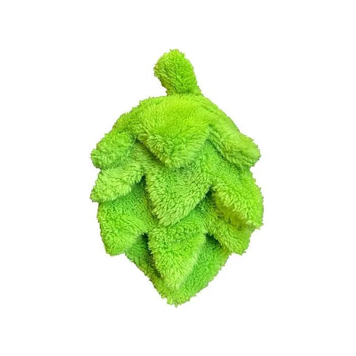 The Cycle Dog Duraplush Eco-Friendly Tough Dog Toy by Cycle Dog is bright green, fluffy, and shaped like an artichoke or pinecone with layered, soft textured segments and a small top stem, shown against a white background.
